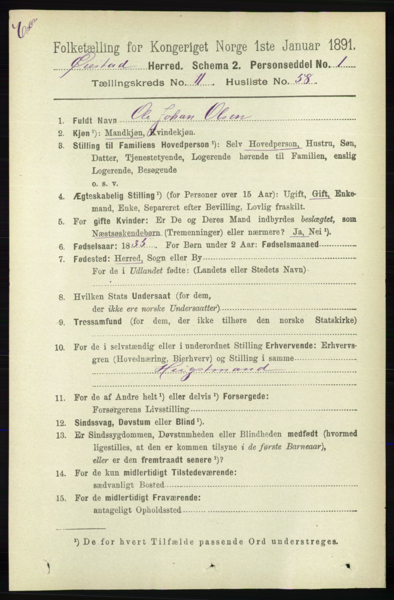 RA, Census 1891 for Nedenes amt: Gjenparter av personsedler for beslektede ektefeller, menn, 1891, p. 671