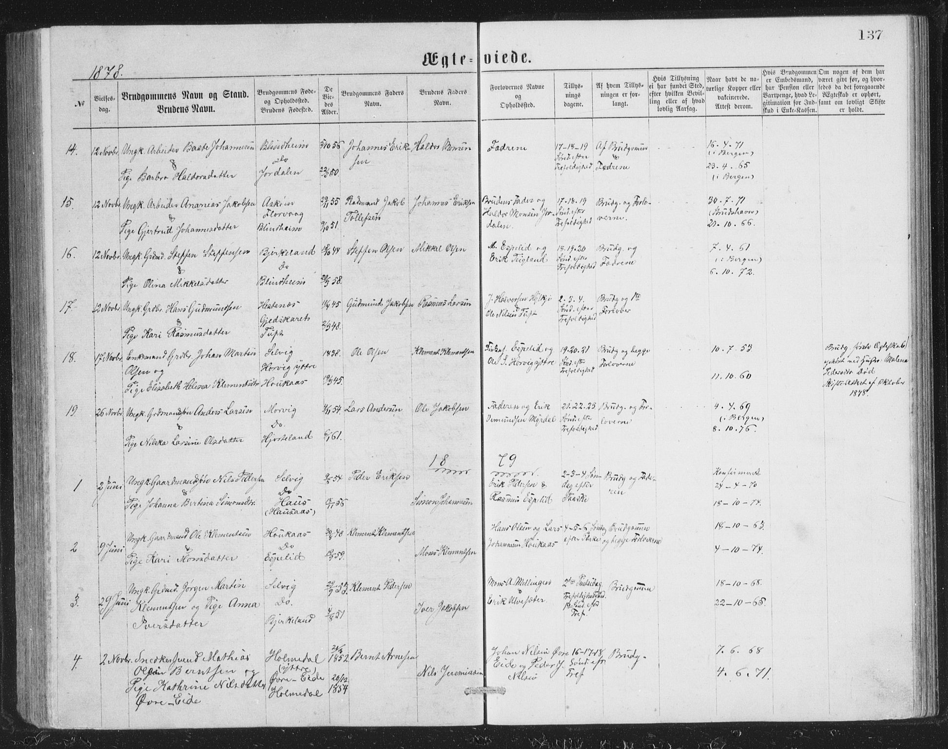Åsane sokneprestembete, SAB/A-79401/H/Hab: Parish register (copy) no. A 1, 1870-1884, p. 137