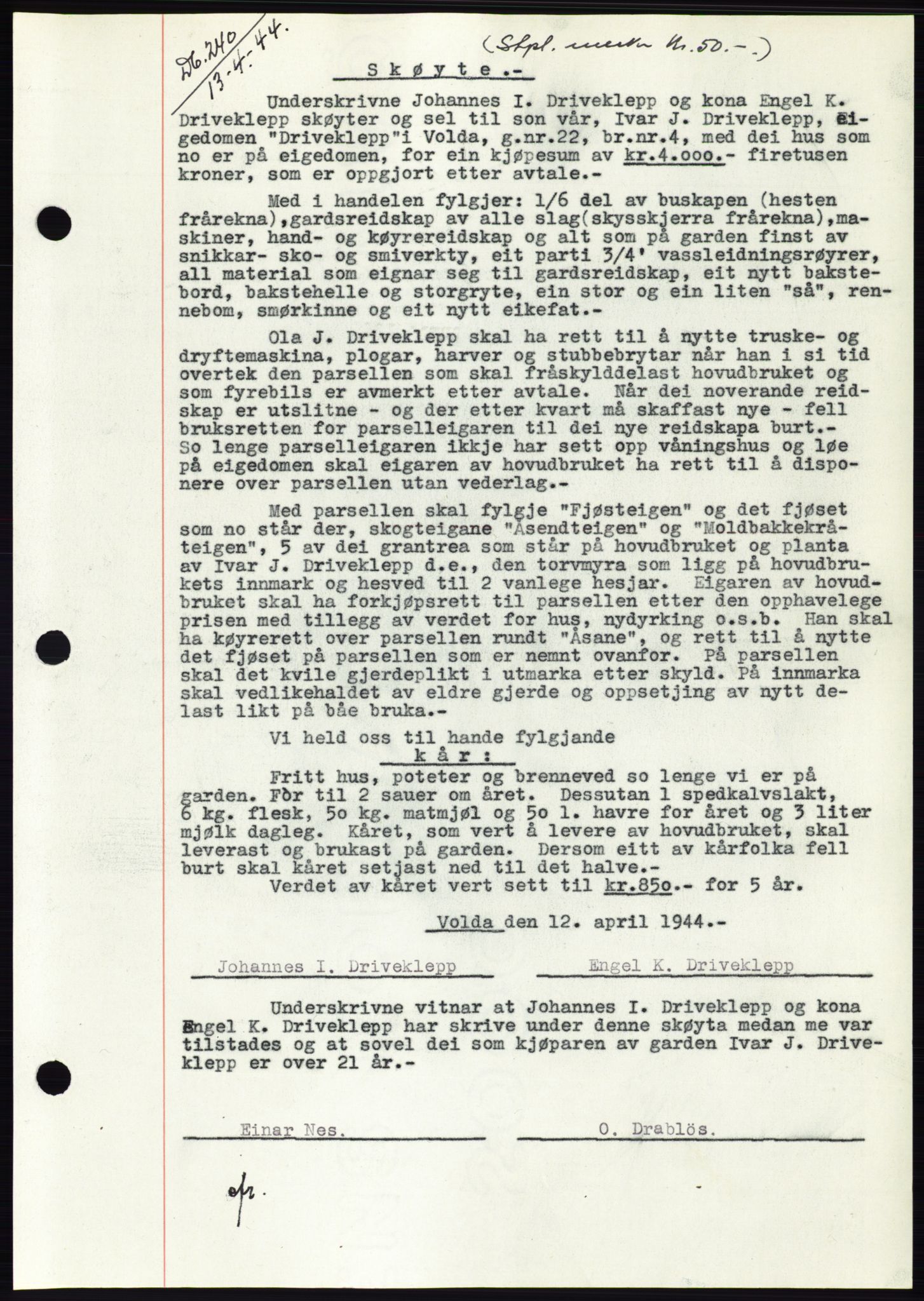 Søre Sunnmøre sorenskriveri, SAT/A-4122/1/2/2C/L0076: Mortgage book no. 2A, 1943-1944, Diary no: : 240/1944