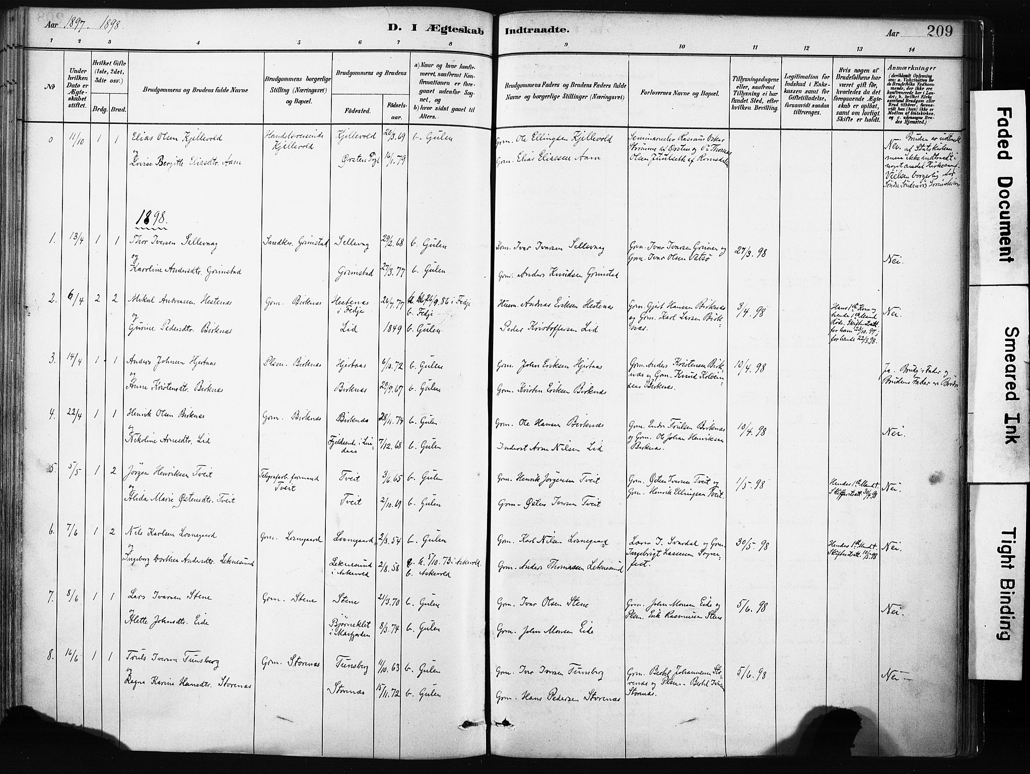 Gulen sokneprestembete, SAB/A-80201/H/Haa/Haab/L0001: Parish register (official) no. B 1, 1881-1905, p. 209