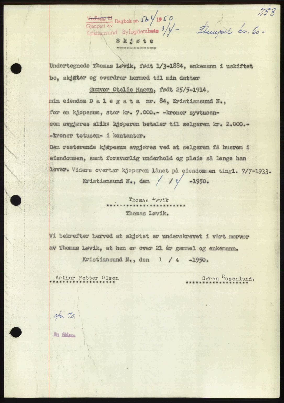 Kristiansund byfogd, AV/SAT-A-4587/A/27: Mortgage book no. 46, 1949-1950, Diary no: : 564/1950