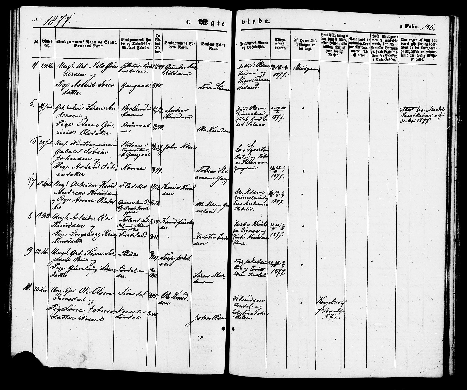 Holum sokneprestkontor, AV/SAK-1111-0022/F/Fa/Fac/L0003: Parish register (official) no. A 3, 1860-1883, p. 186