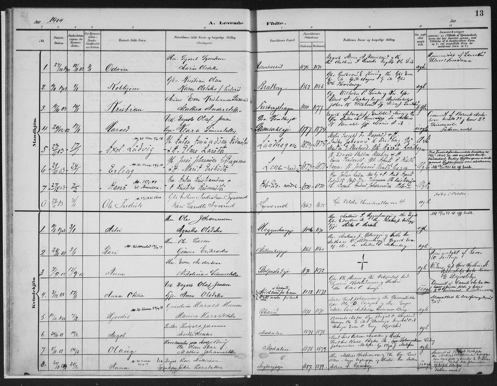 Ringsaker prestekontor, SAH/PREST-014/K/Ka/L0018: Parish register (official) no. 18, 1903-1912, p. 13