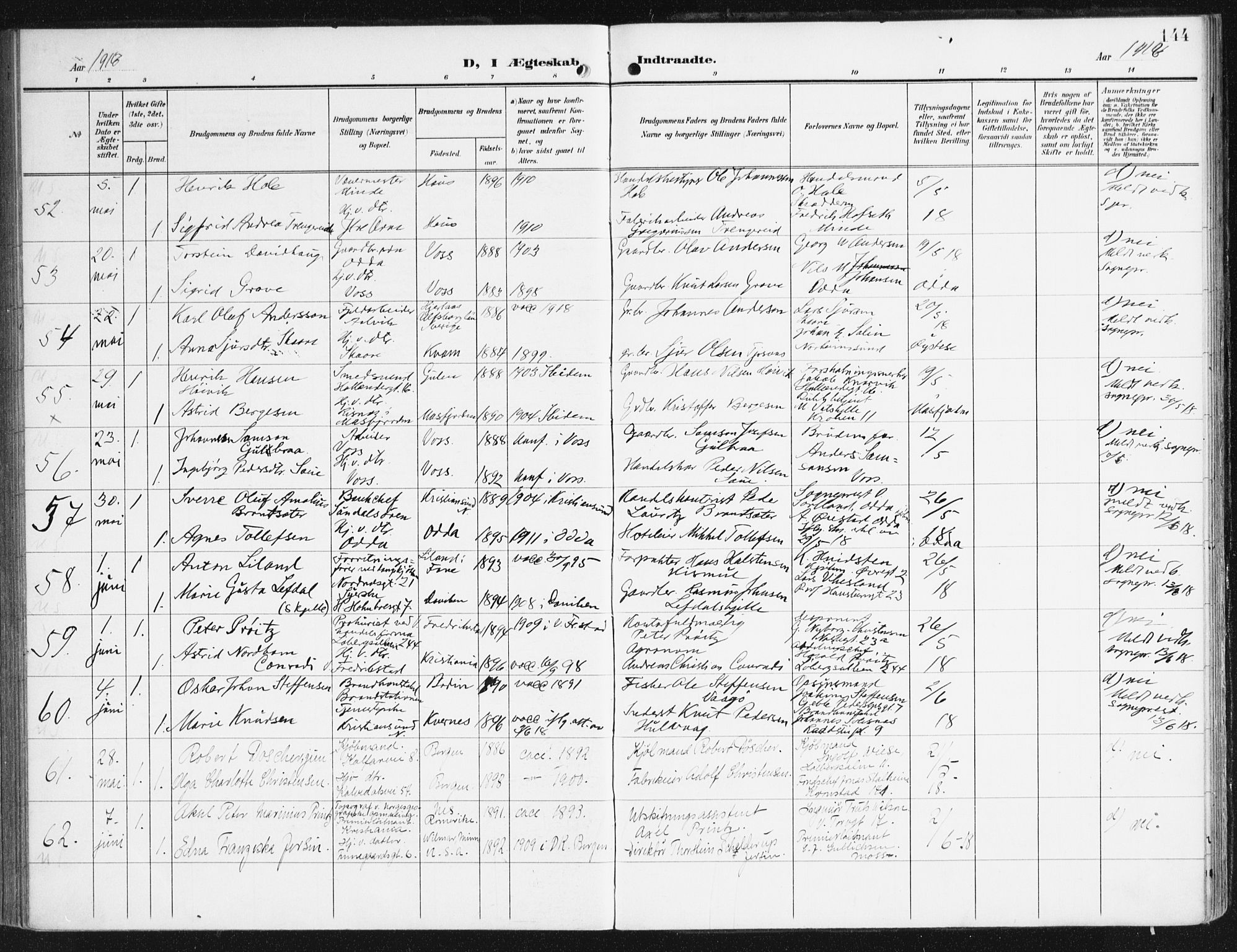 Domkirken sokneprestembete, SAB/A-74801/H/Haa/L0038: Parish register (official) no. D 5, 1906-1921, p. 144