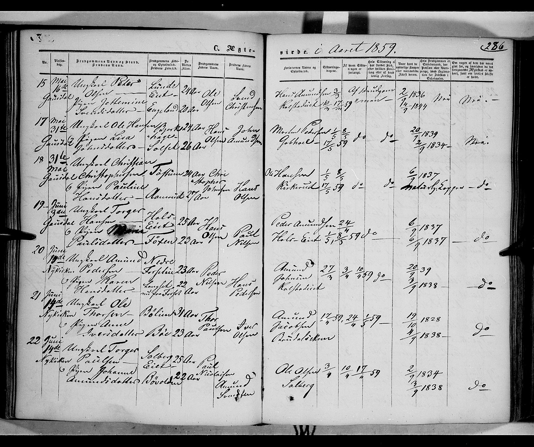 Gausdal prestekontor, SAH/PREST-090/H/Ha/Haa/L0008: Parish register (official) no. 8, 1850-1861, p. 286