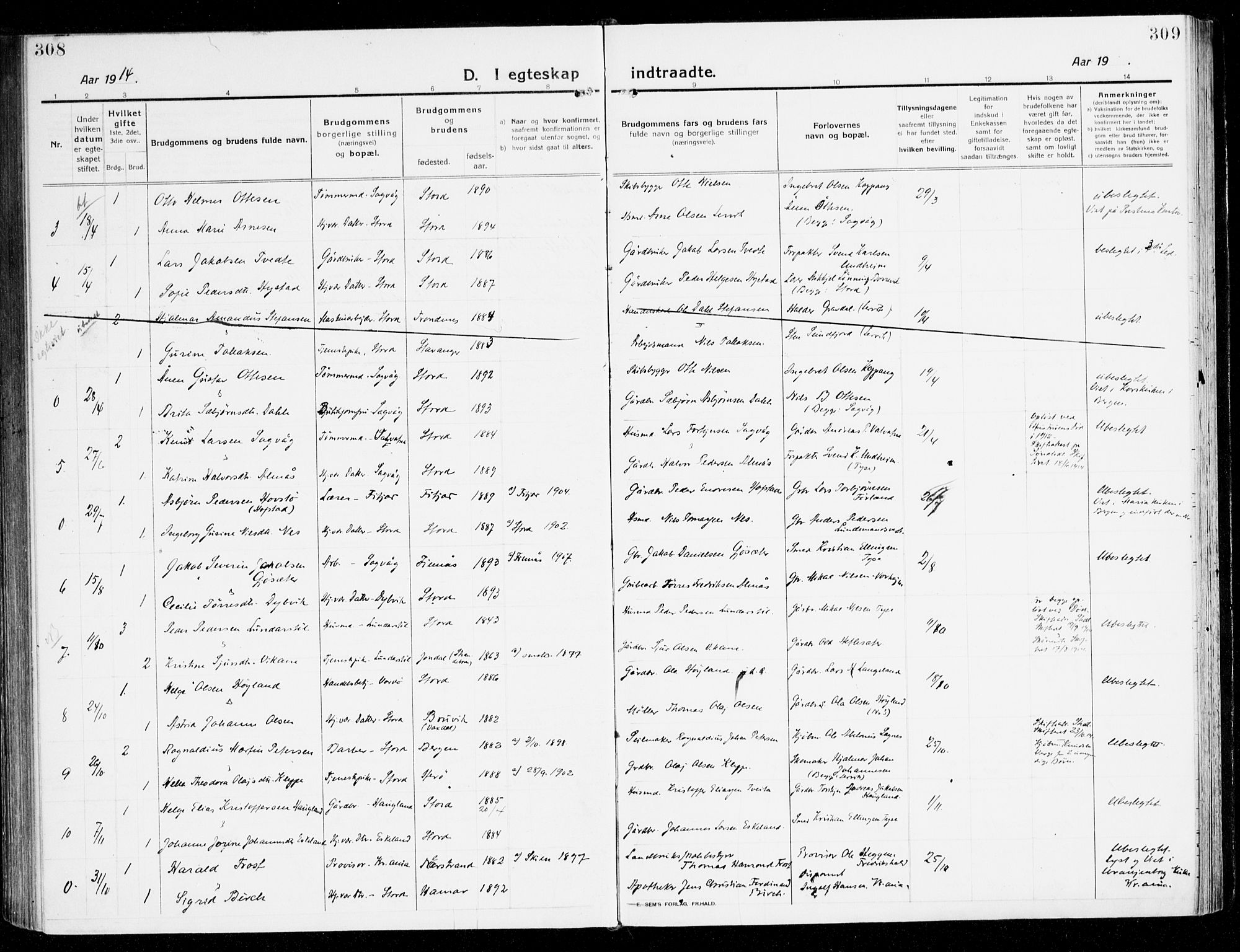 Stord sokneprestembete, AV/SAB-A-78201/H/Haa: Parish register (official) no. B 3, 1913-1925, p. 308-309