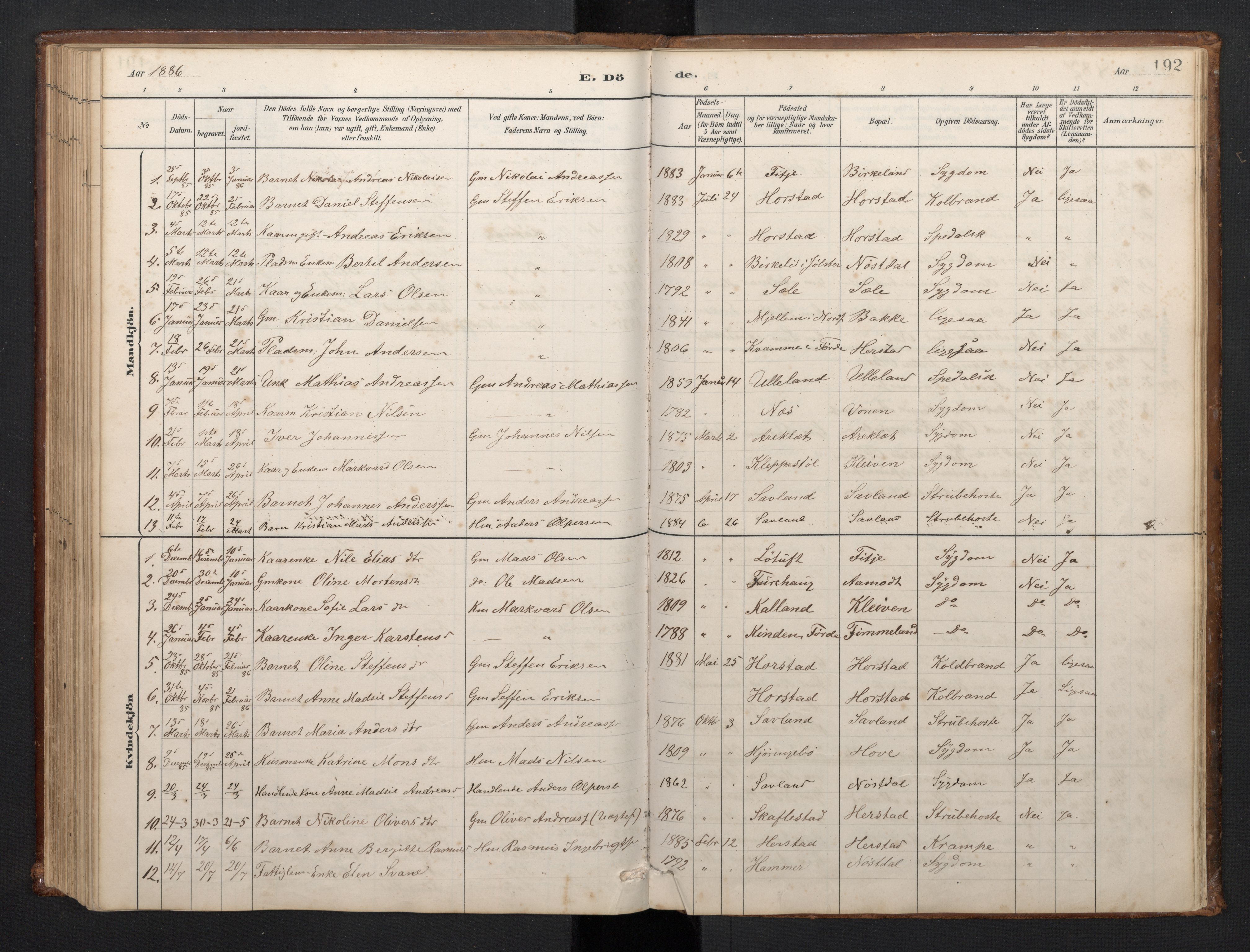 Førde sokneprestembete, SAB/A-79901/H/Hab/Habd/L0003: Parish register (copy) no. D 3, 1881-1897, p. 191b-192a