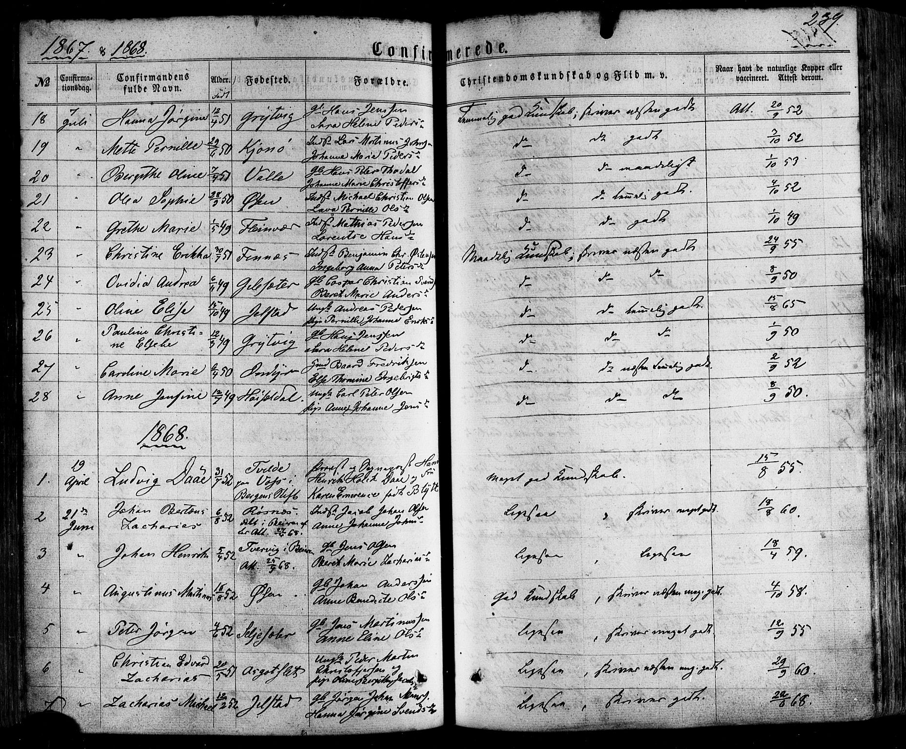 Ministerialprotokoller, klokkerbøker og fødselsregistre - Nordland, SAT/A-1459/805/L0098: Parish register (official) no. 805A05, 1862-1879, p. 239