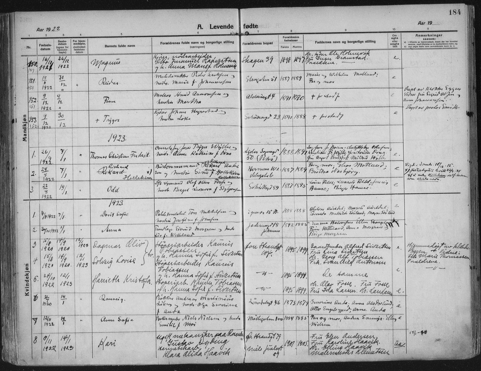 Domkirken sokneprestkontor, SAST/A-101812/002/A/L0018: Parish register (official) no. A 34, 1915-1929, p. 184