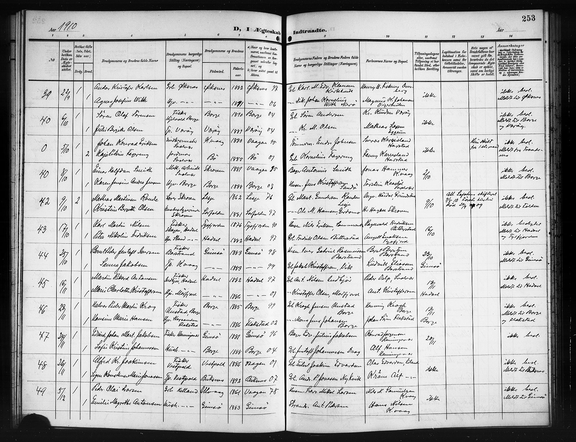 Ministerialprotokoller, klokkerbøker og fødselsregistre - Nordland, SAT/A-1459/874/L1079: Parish register (copy) no. 874C08, 1907-1915, p. 253