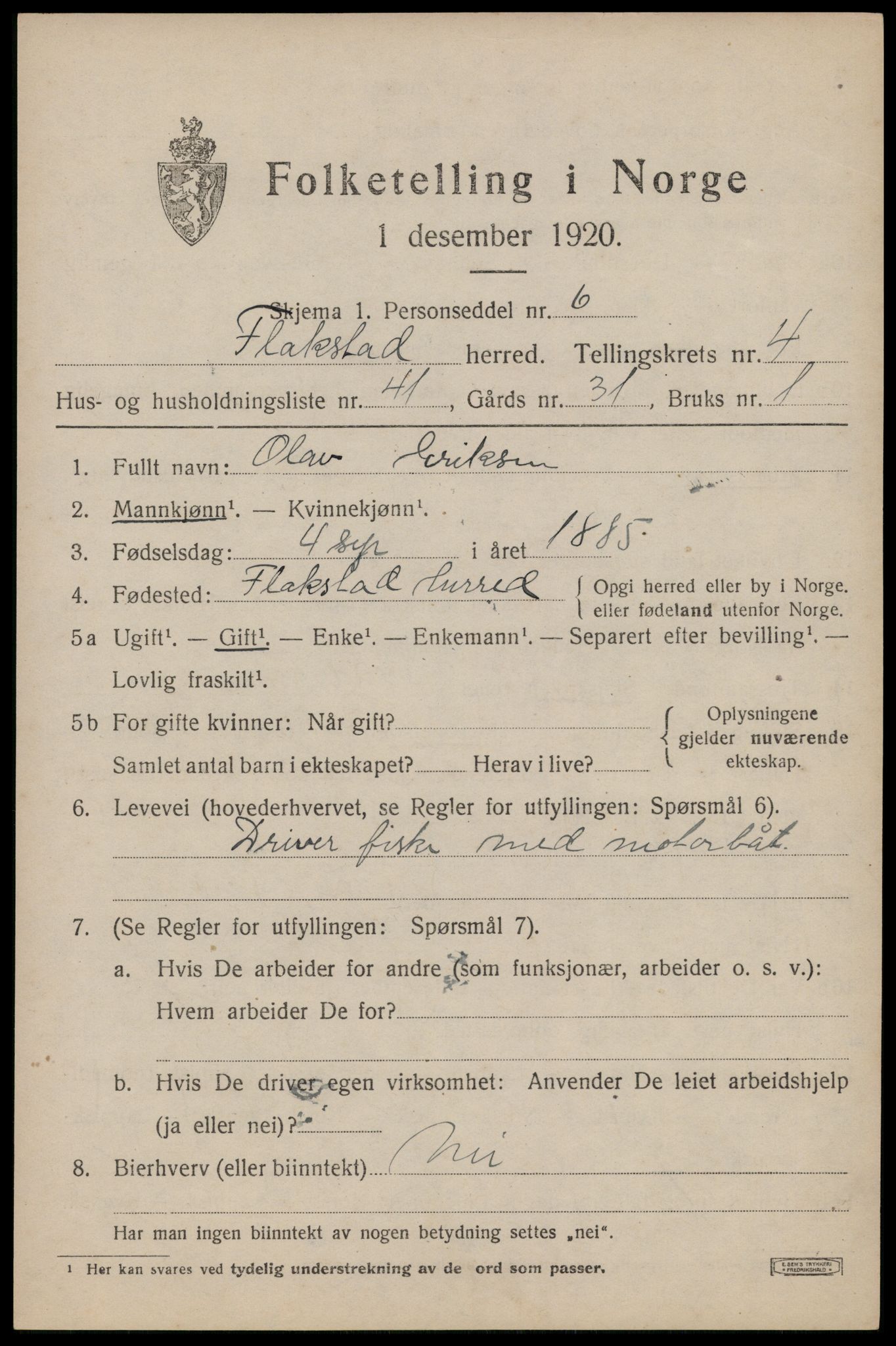 SAT, 1920 census for Flakstad, 1920, p. 3383