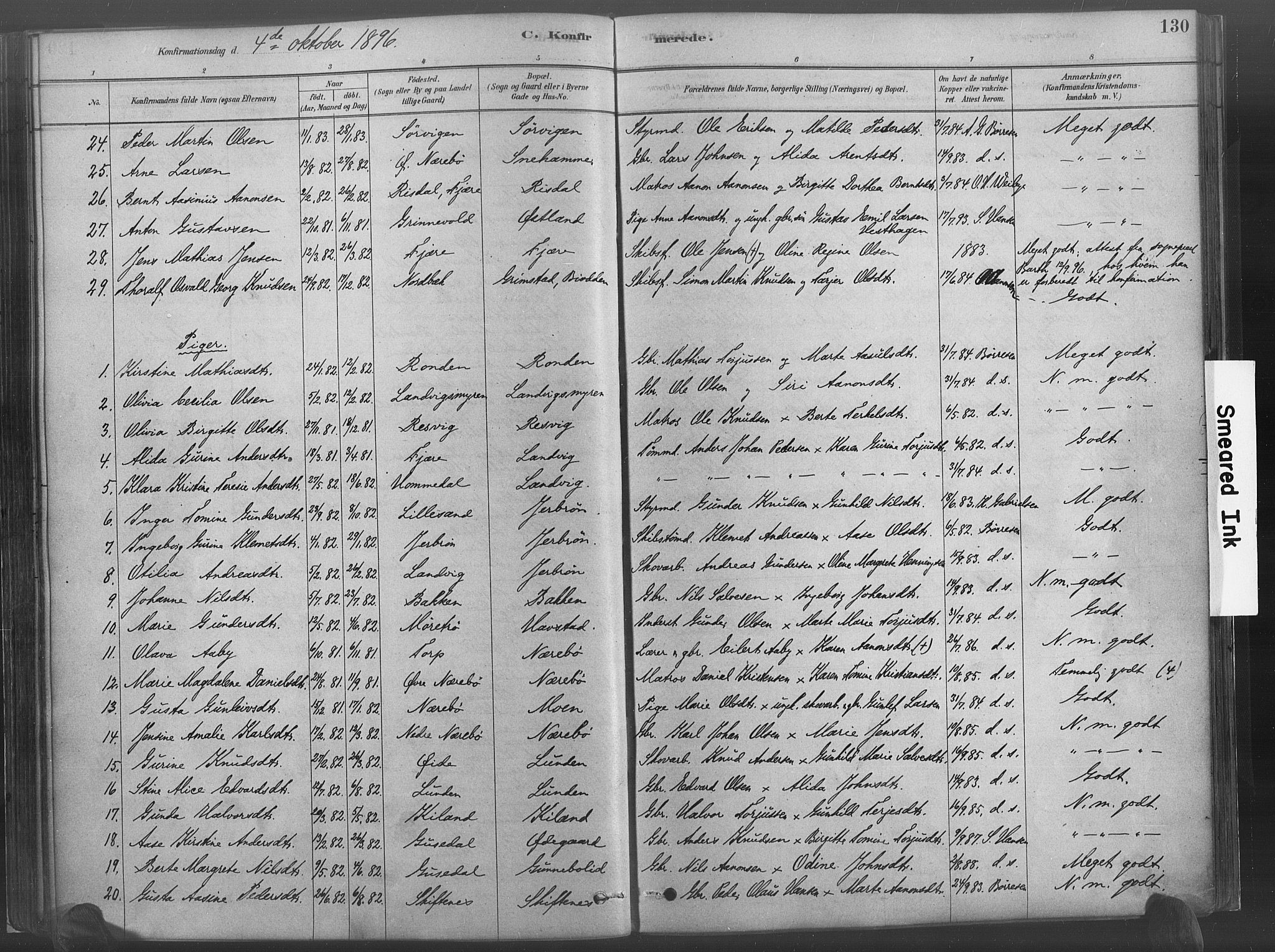 Hommedal sokneprestkontor, AV/SAK-1111-0023/F/Fa/Fab/L0006: Parish register (official) no. A 6, 1878-1897, p. 130