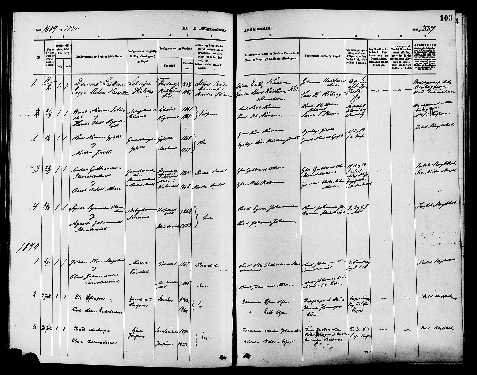 Nordre Land prestekontor, SAH/PREST-124/H/Ha/Haa/L0003: Parish register (official) no. 3, 1882-1896, p. 103