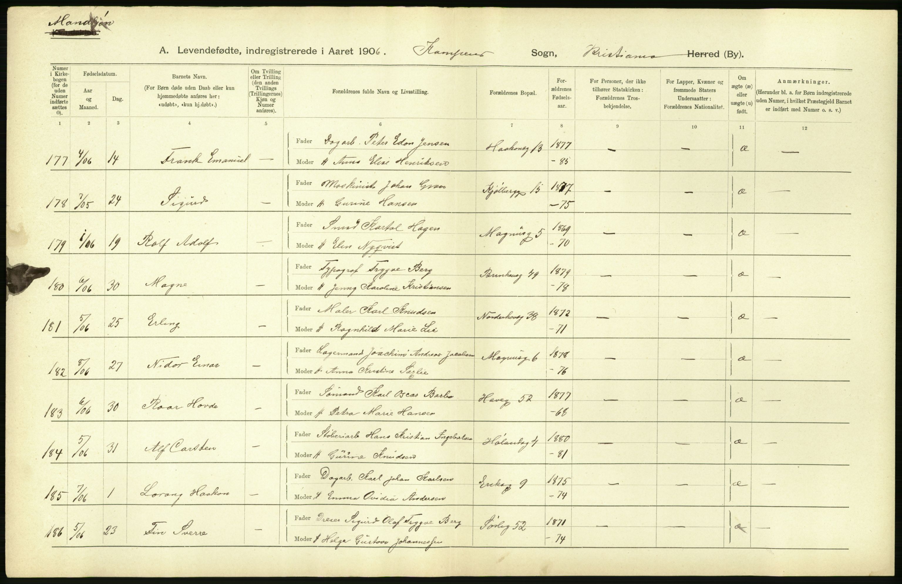 Statistisk sentralbyrå, Sosiodemografiske emner, Befolkning, AV/RA-S-2228/D/Df/Dfa/Dfad/L0007: Kristiania: Levendefødte menn og kvinner., 1906, p. 732