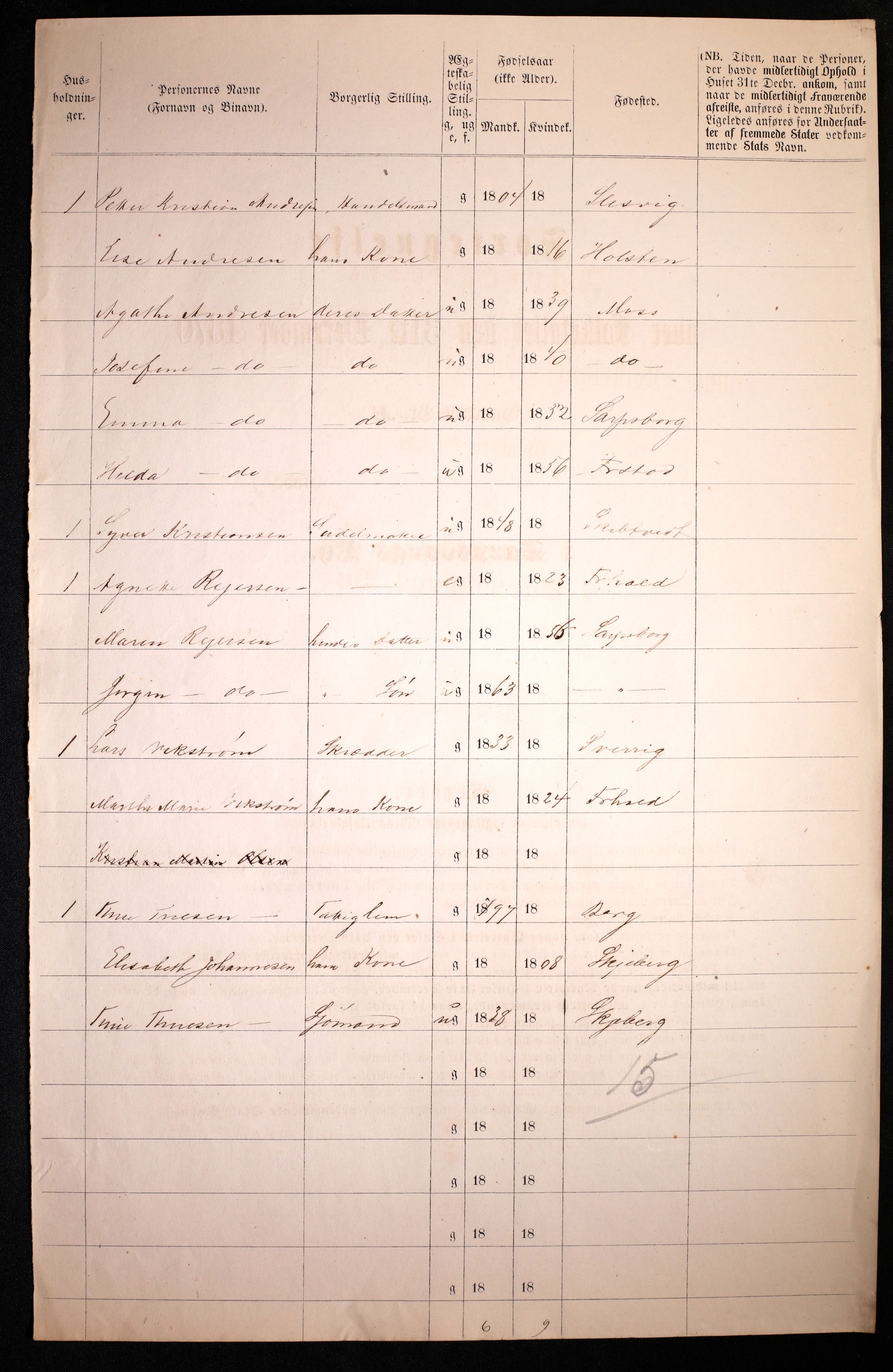 RA, 1870 census for 0102 Sarpsborg, 1870, p. 16