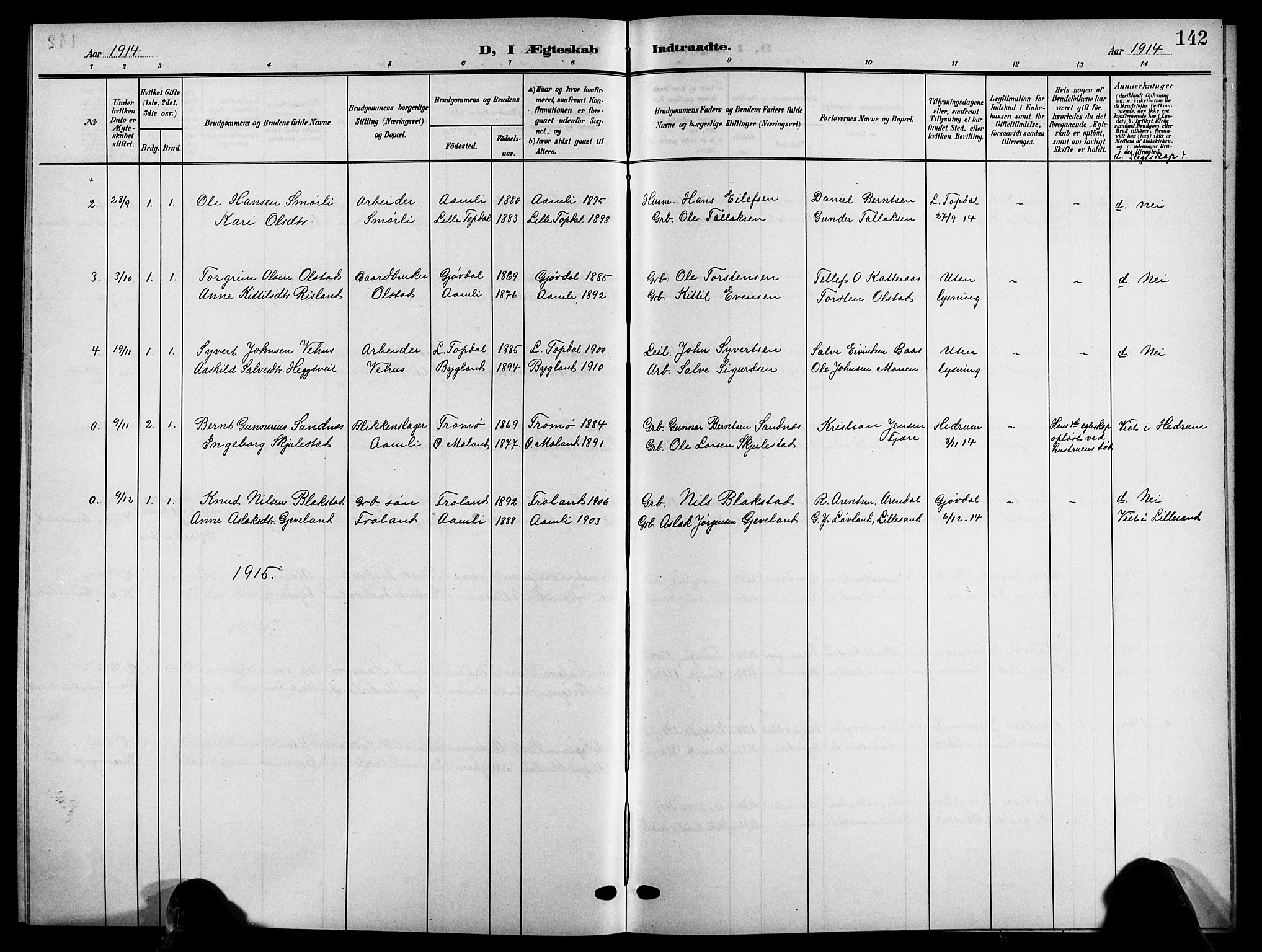 Åmli sokneprestkontor, SAK/1111-0050/F/Fb/Fbc/L0005: Parish register (copy) no. B 5, 1903-1916, p. 142