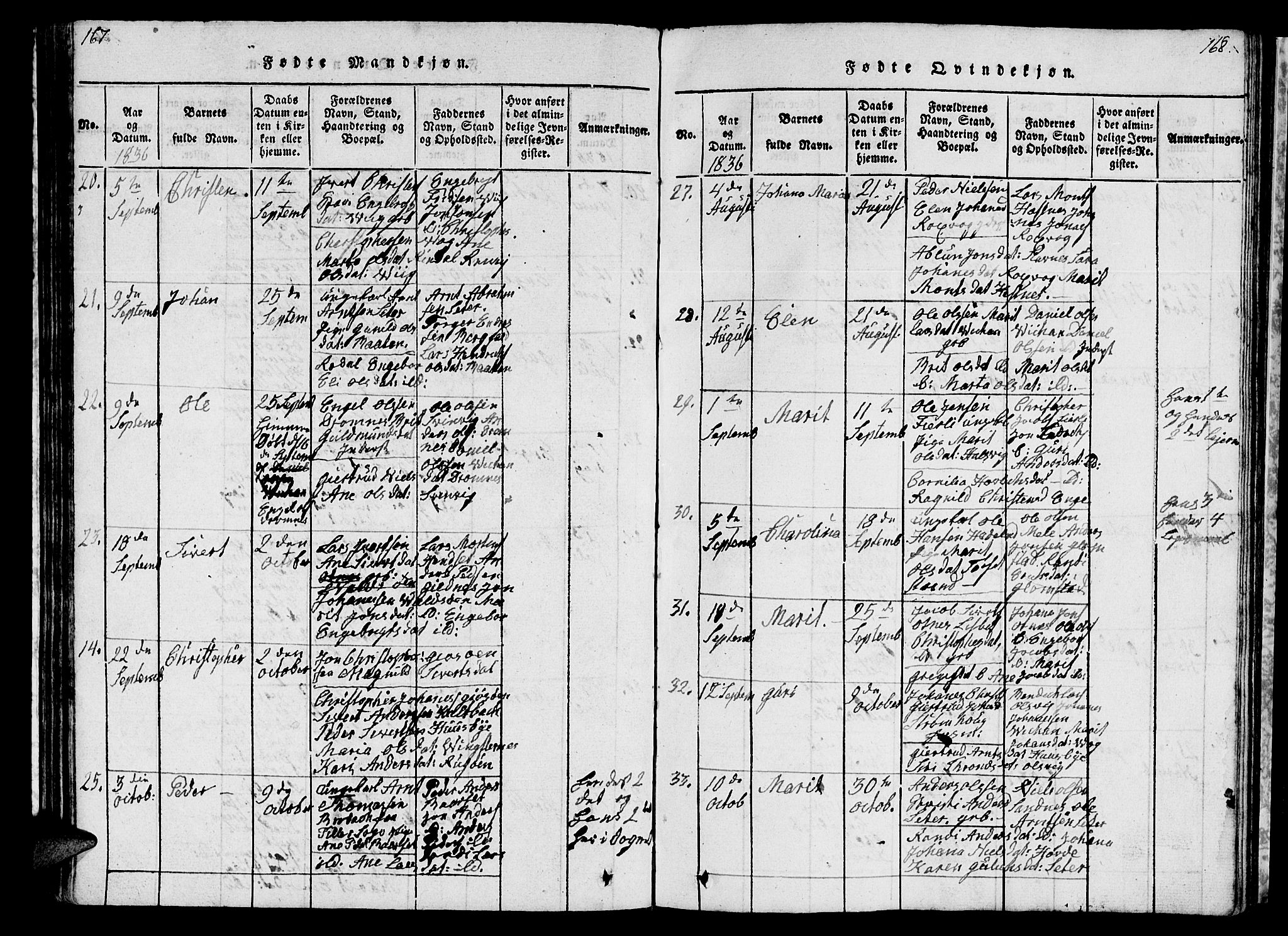 Ministerialprotokoller, klokkerbøker og fødselsregistre - Møre og Romsdal, AV/SAT-A-1454/578/L0908: Parish register (copy) no. 578C01, 1819-1837, p. 167-168