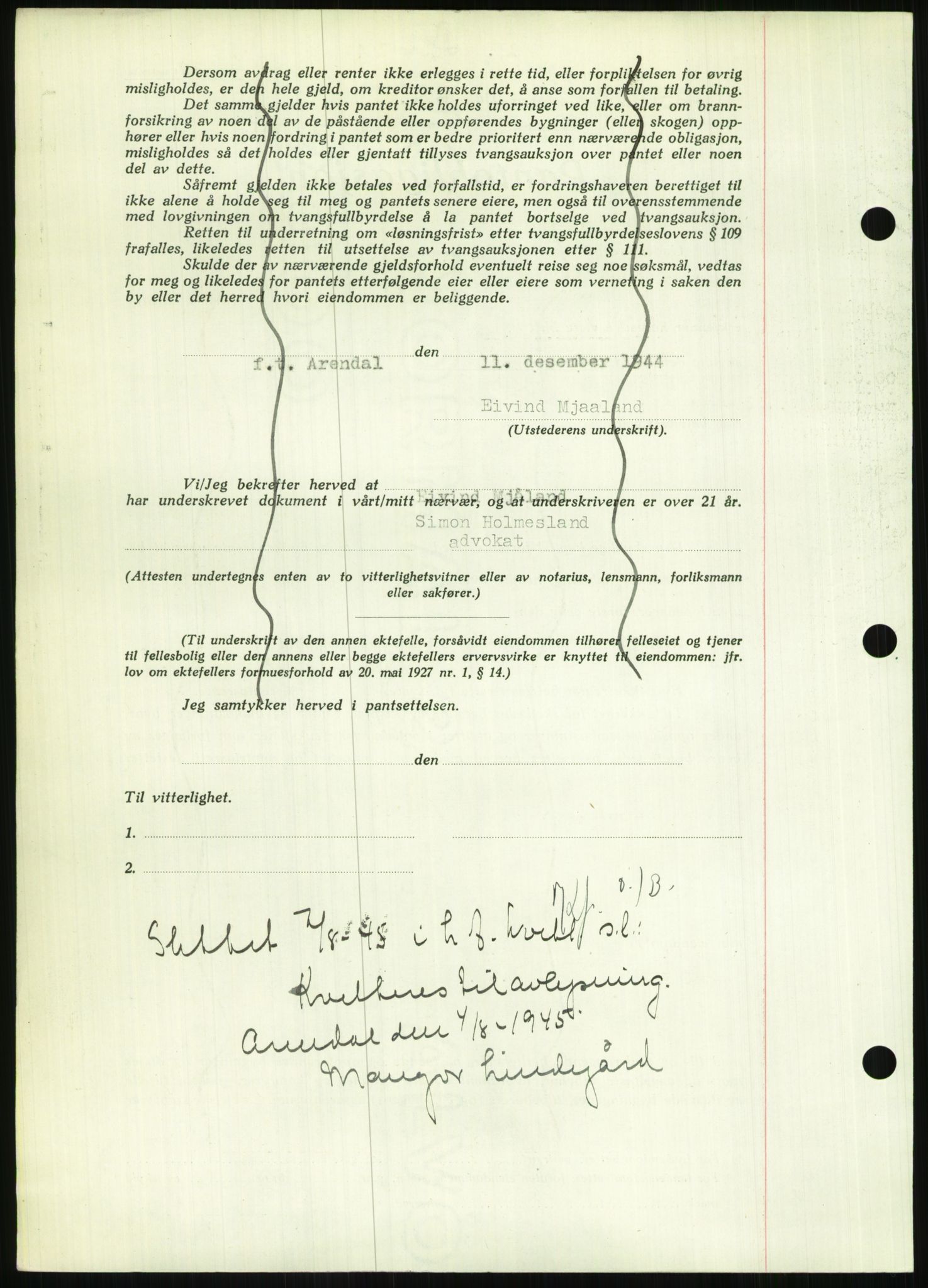 Nedenes sorenskriveri, AV/SAK-1221-0006/G/Gb/Gbb/L0002: Mortgage book no. II, 1942-1945, Diary no: : 1042/1944