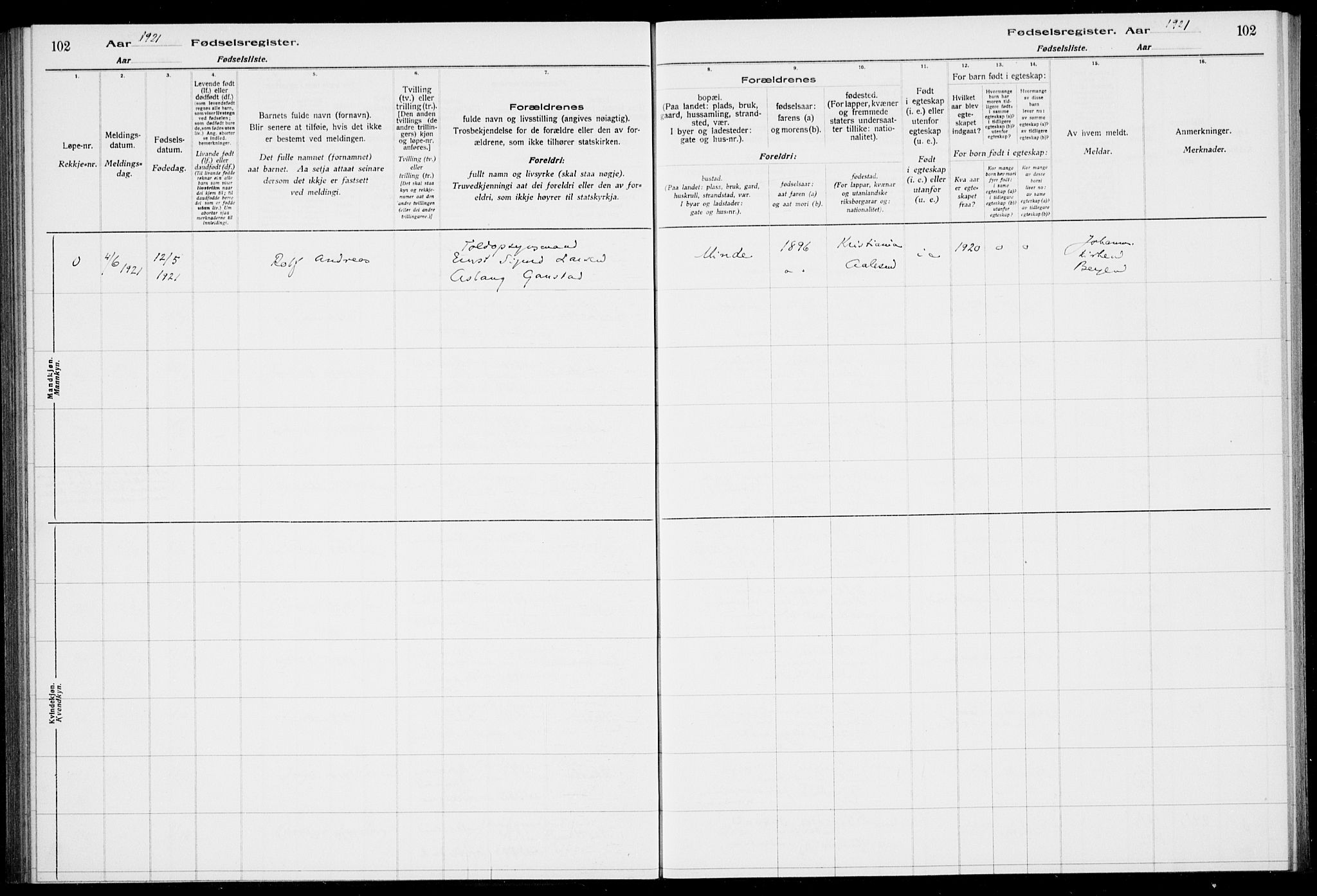 Birkeland Sokneprestembete, AV/SAB-A-74601/I/Id/L00A1: Birth register no. A 1, 1916-1926, p. 102