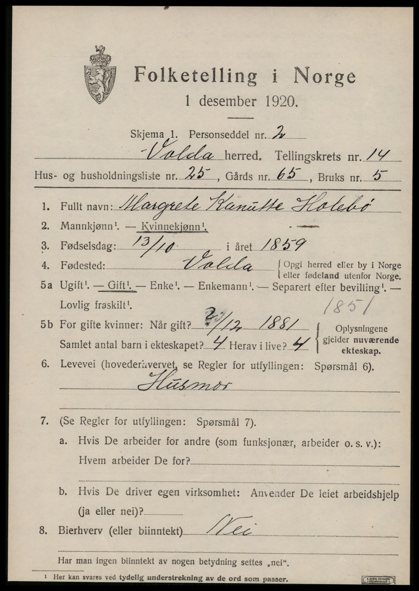 SAT, 1920 census for Volda, 1920, p. 8966