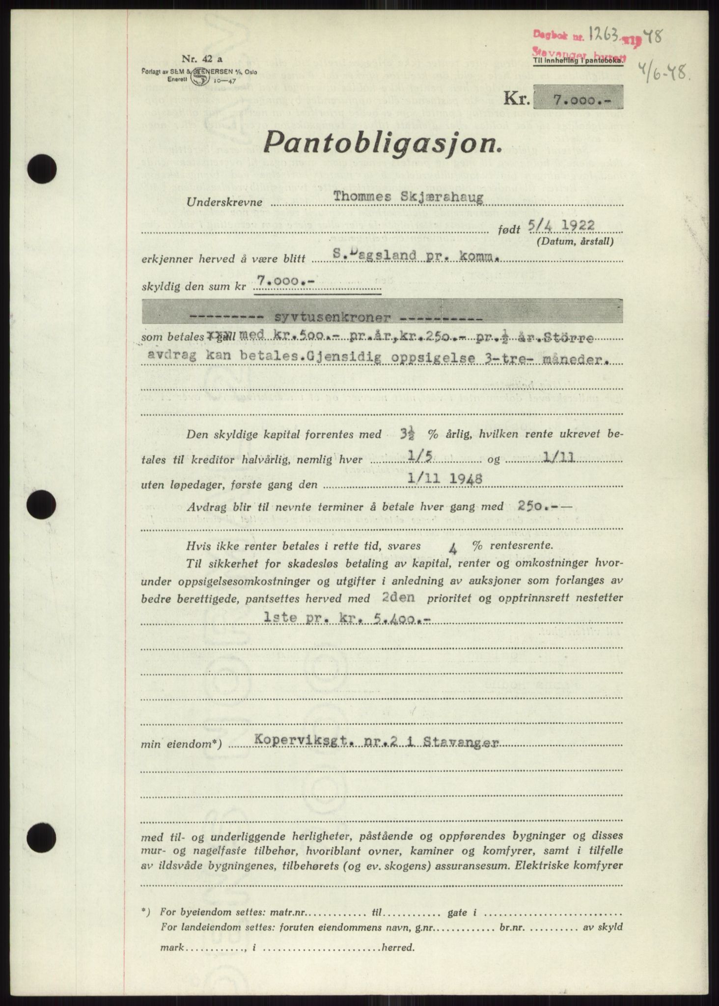 Stavanger byrett, SAST/A-100455/002/G/Gb/L0032: Mortgage book, 1947-1950, Diary no: : 1263/1948