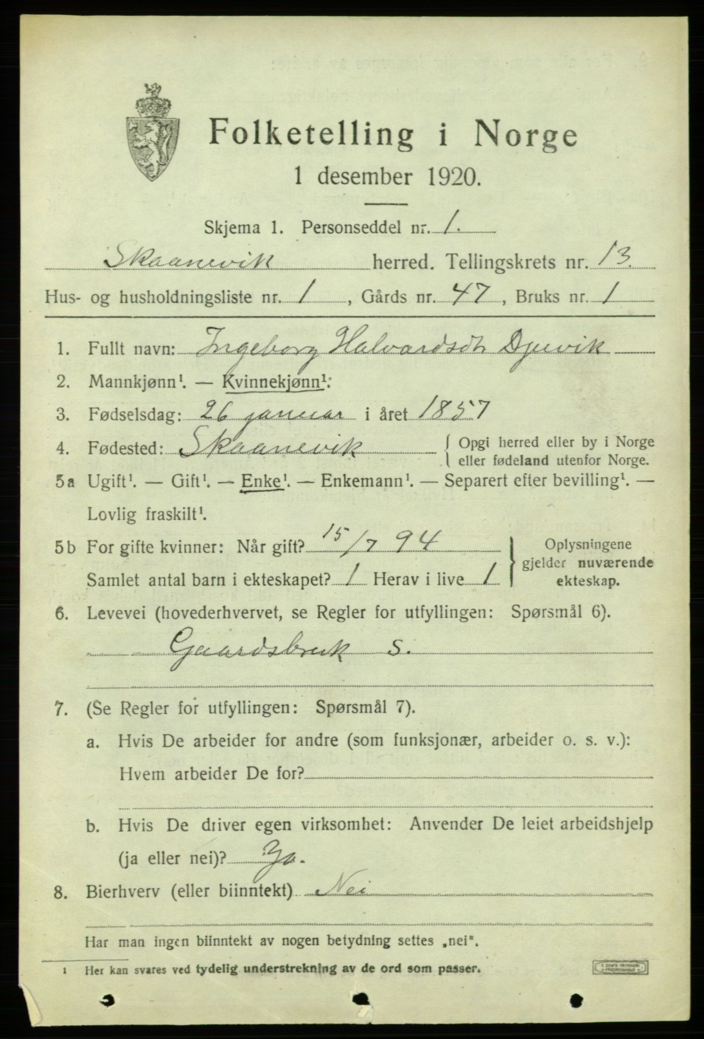 SAB, 1920 census for Skånevik, 1920, p. 5499