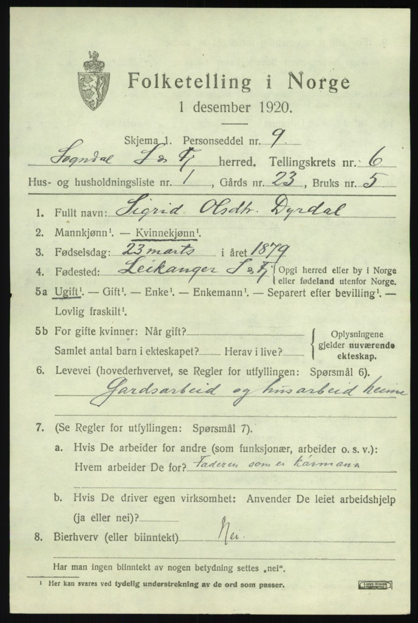 SAB, 1920 census for Sogndal, 1920, p. 2955