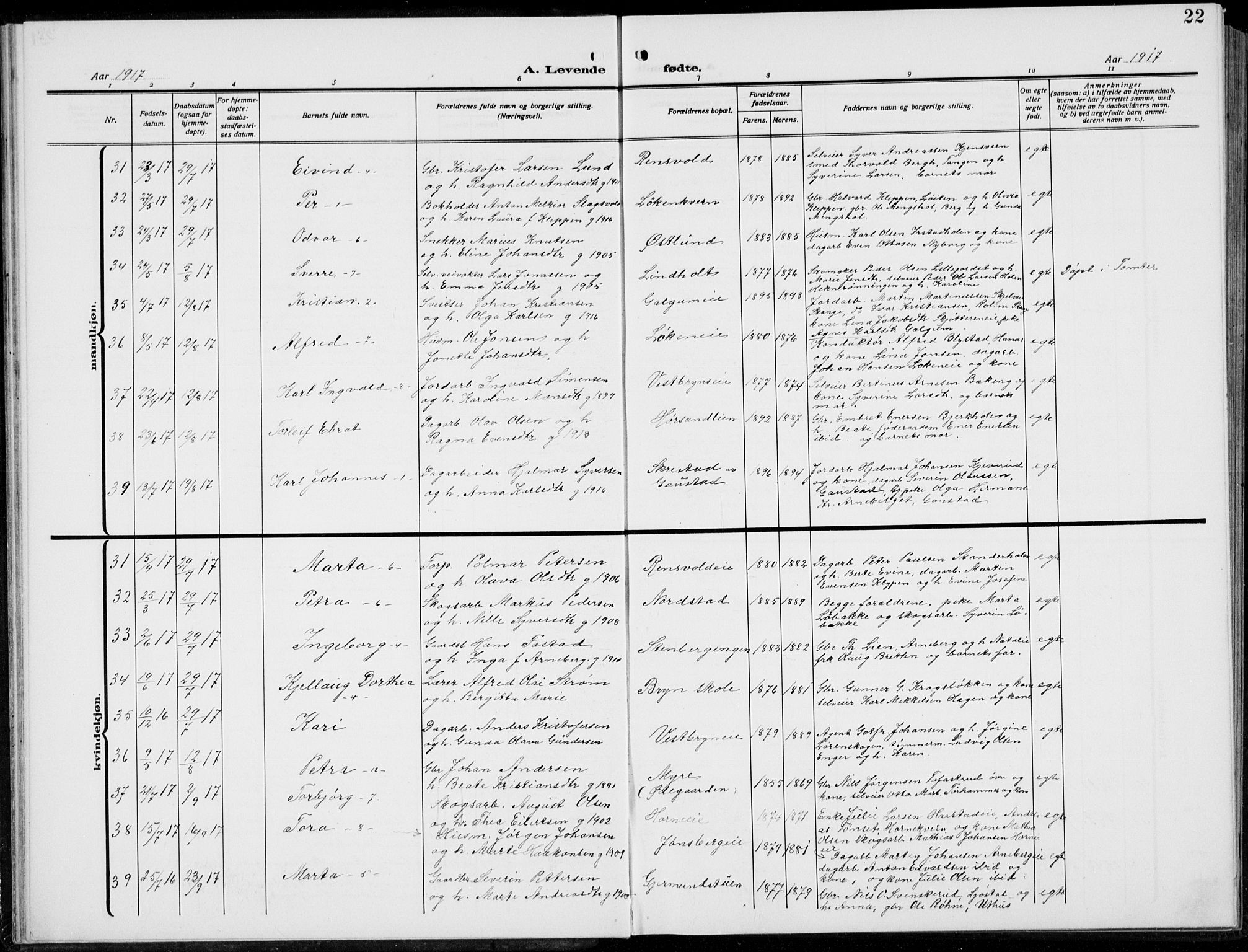 Romedal prestekontor, AV/SAH-PREST-004/L/L0014: Parish register (copy) no. 14, 1915-1939, p. 22