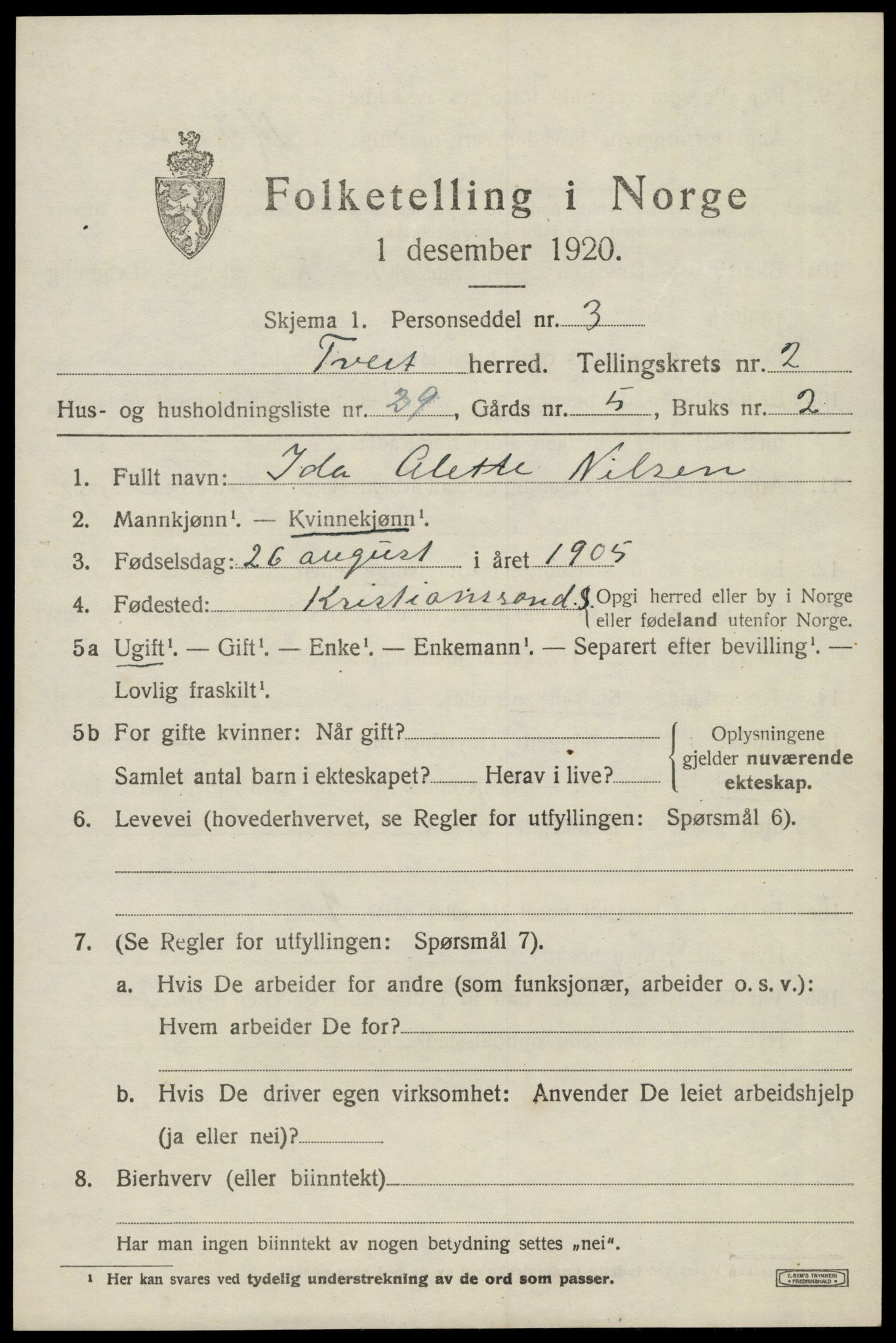 SAK, 1920 census for Tveit, 1920, p. 1474