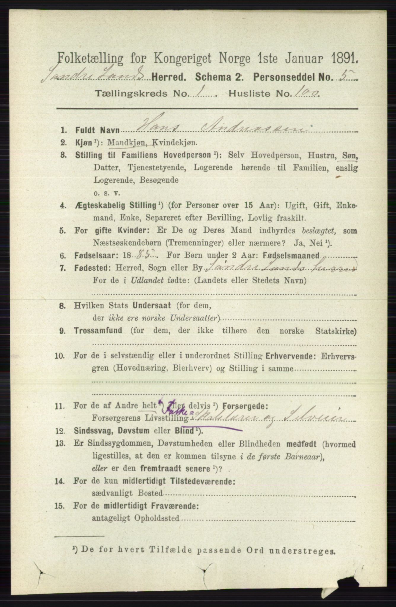 RA, 1891 census for 0536 Søndre Land, 1891, p. 819