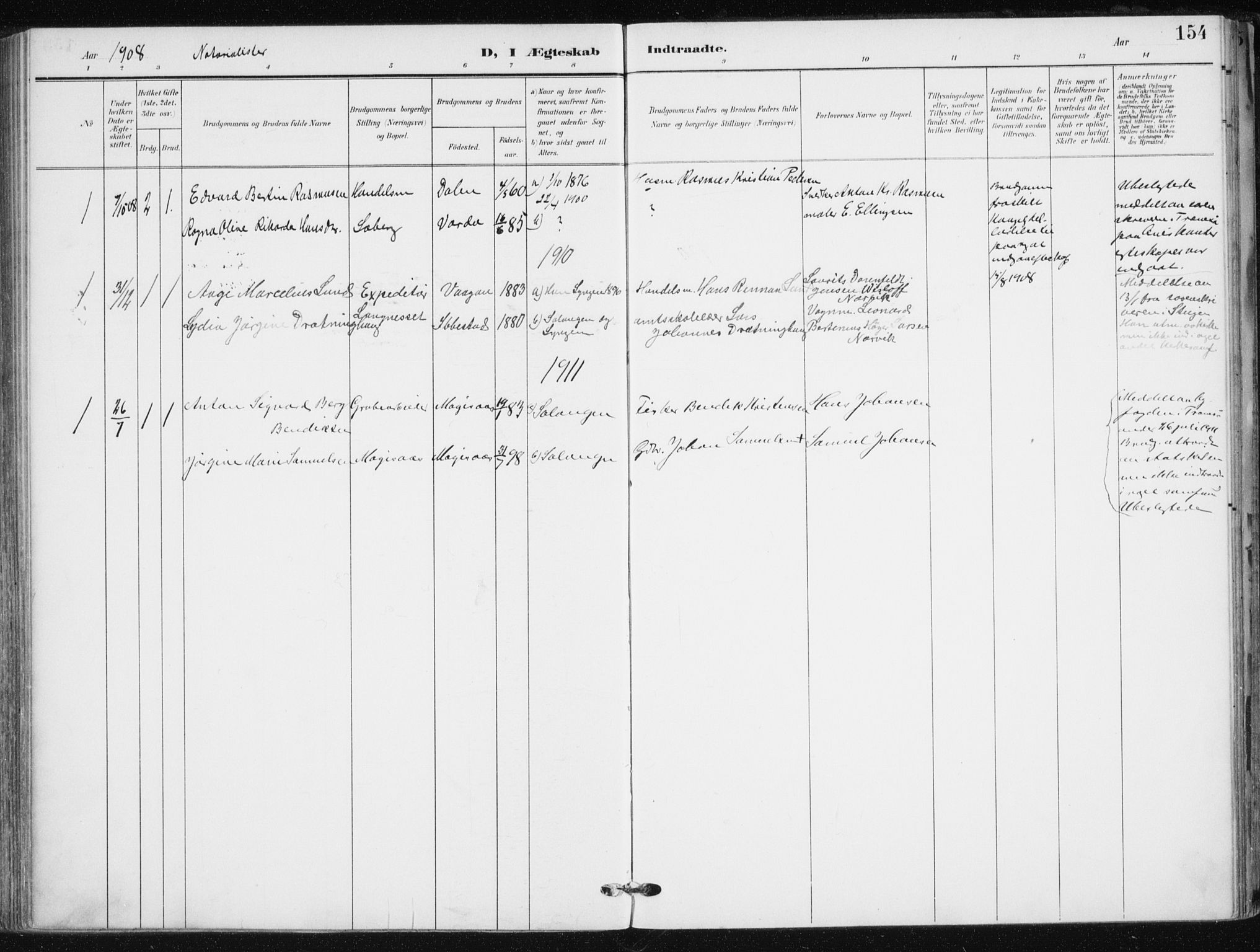 Salangen sokneprestembete, AV/SATØ-S-1324/H/Ha/L0002kirke: Parish register (official) no. 2, 1902-1911, p. 154