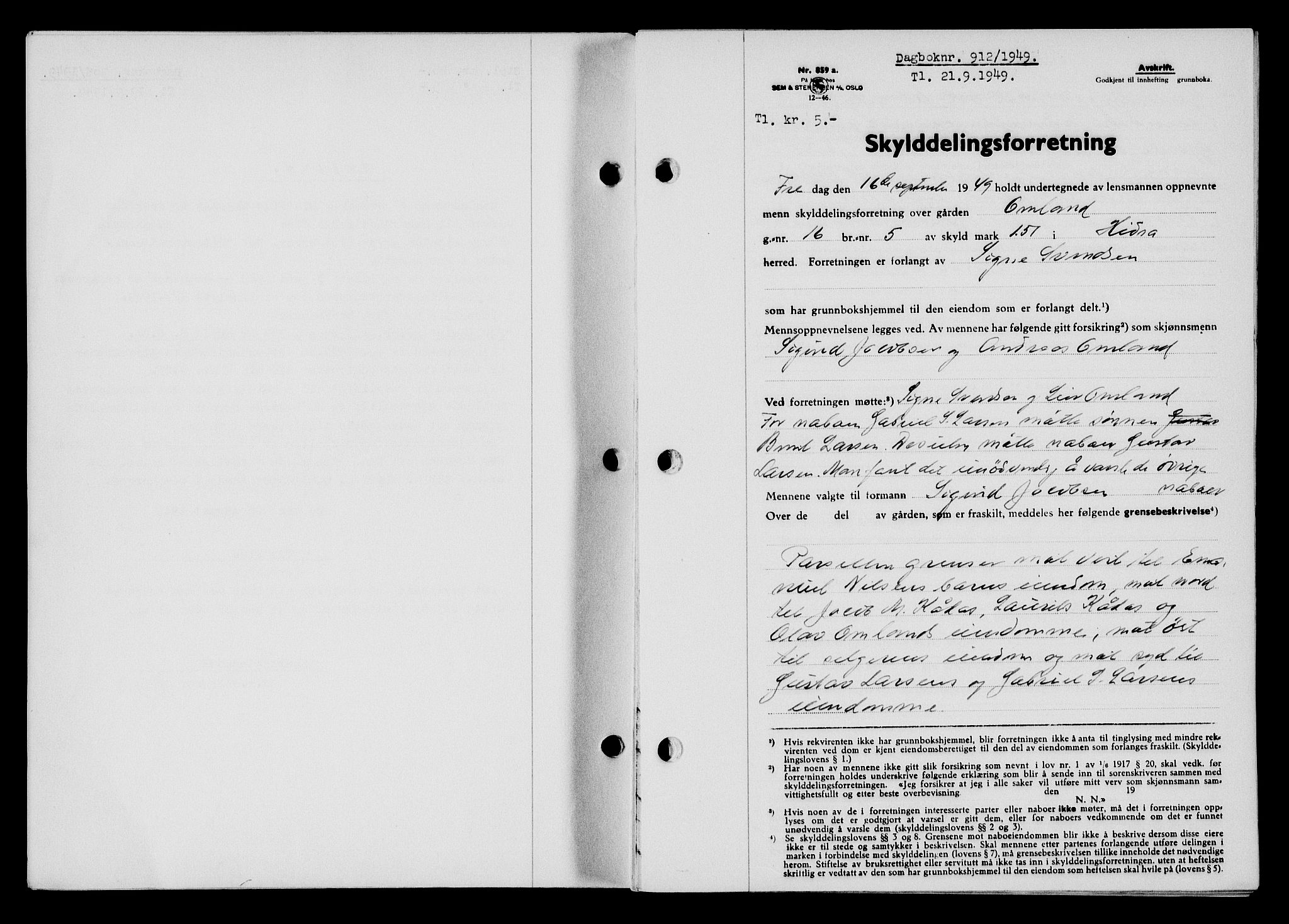 Flekkefjord sorenskriveri, SAK/1221-0001/G/Gb/Gba/L0065: Mortgage book no. A-13, 1949-1949, Diary no: : 912/1949