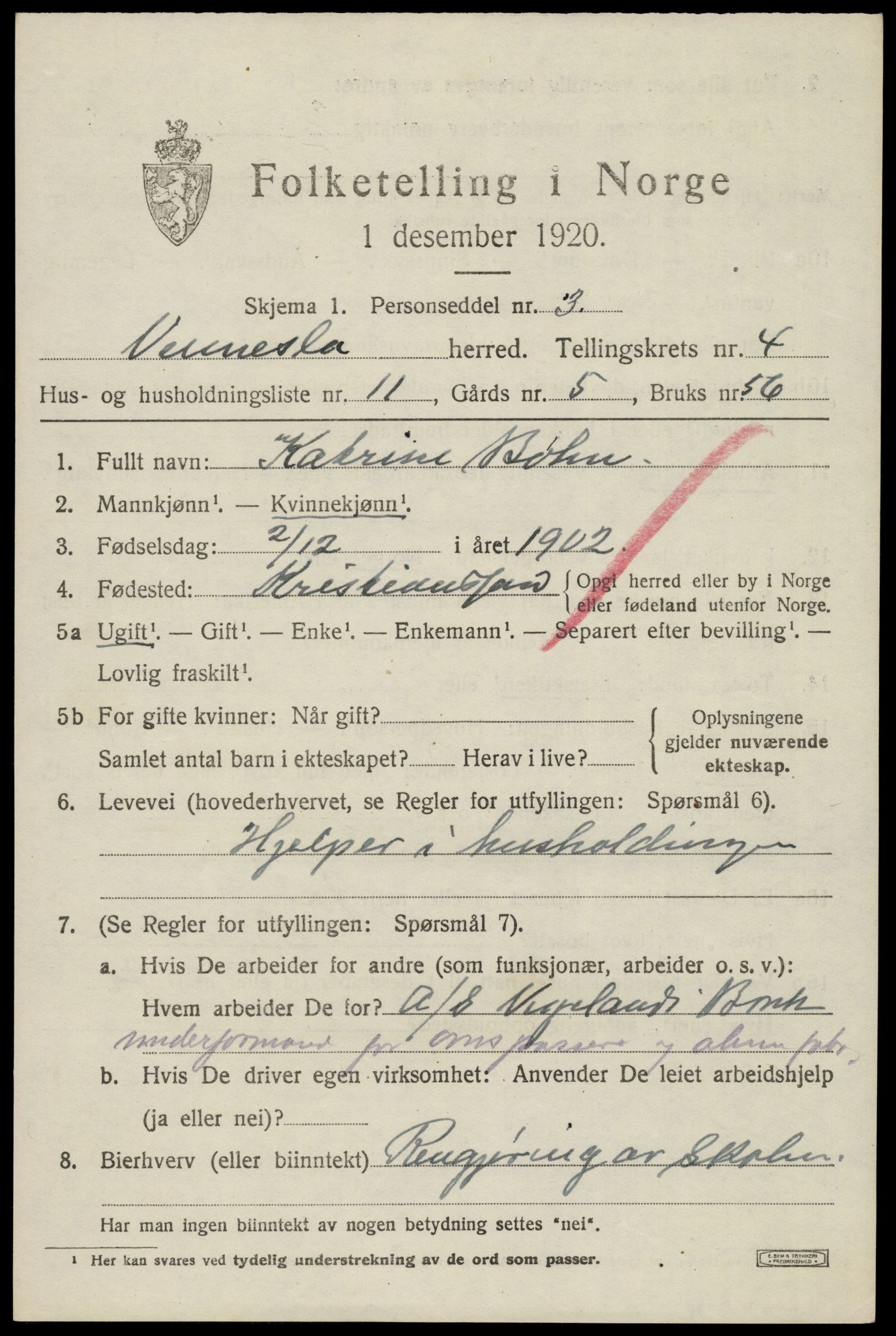 SAK, 1920 census for Vennesla, 1920, p. 2974