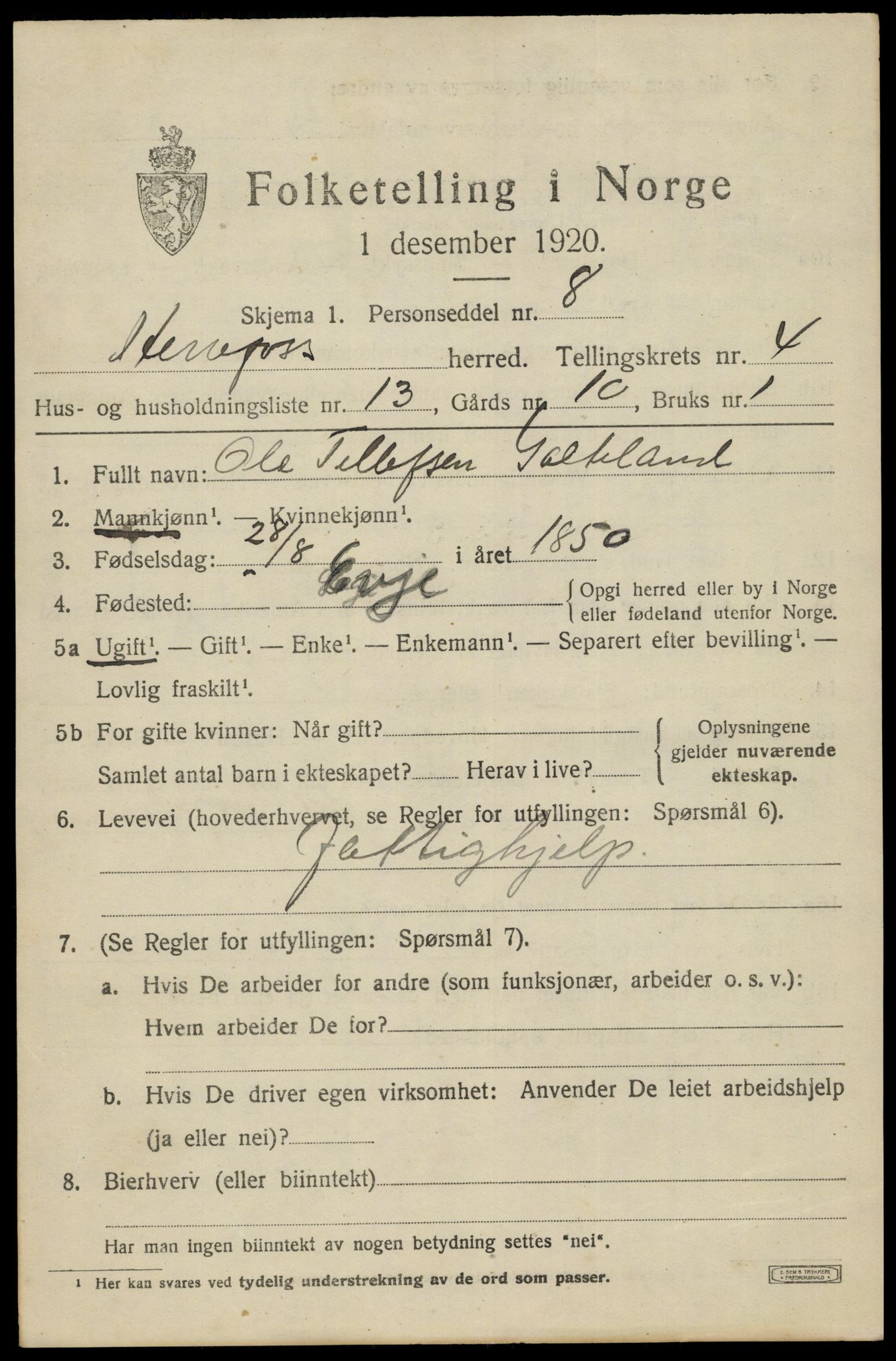 SAK, 1920 census for Herefoss, 1920, p. 914