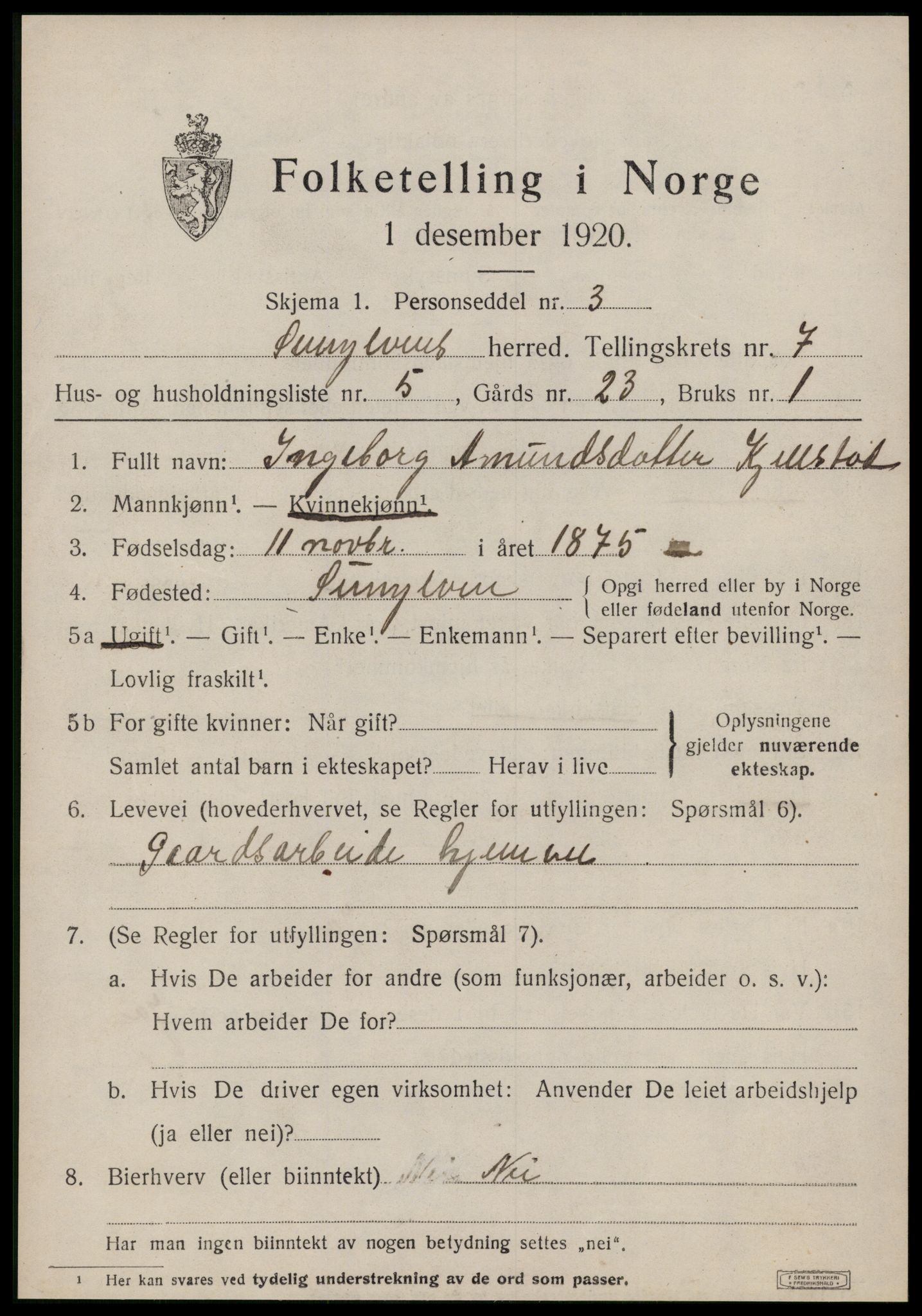 SAT, 1920 census for Sunnylven, 1920, p. 2586