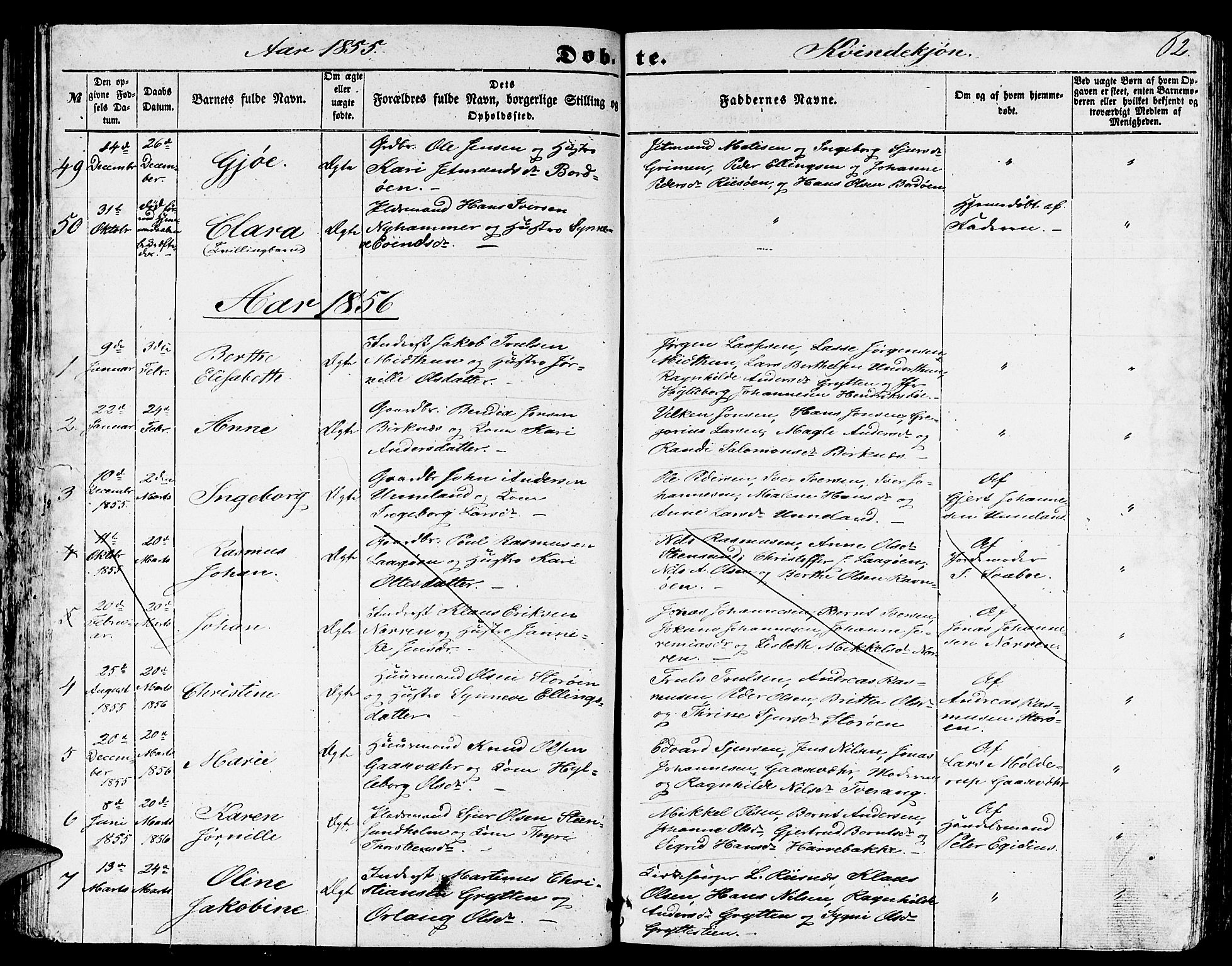 Gulen sokneprestembete, AV/SAB-A-80201/H/Hab/Habb/L0001: Parish register (copy) no. B 1, 1854-1866, p. 62