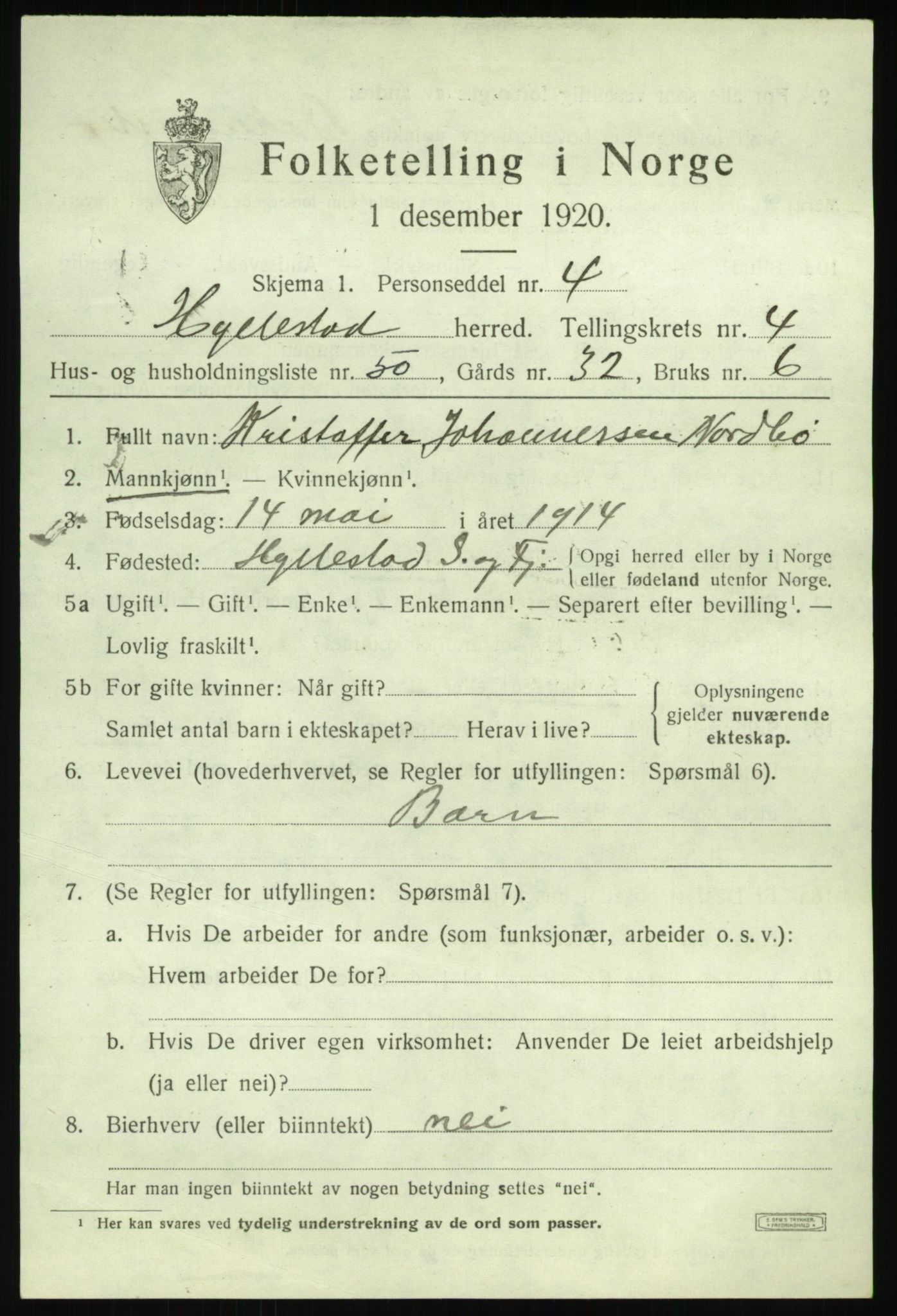 SAB, 1920 census for Hyllestad, 1920, p. 2352