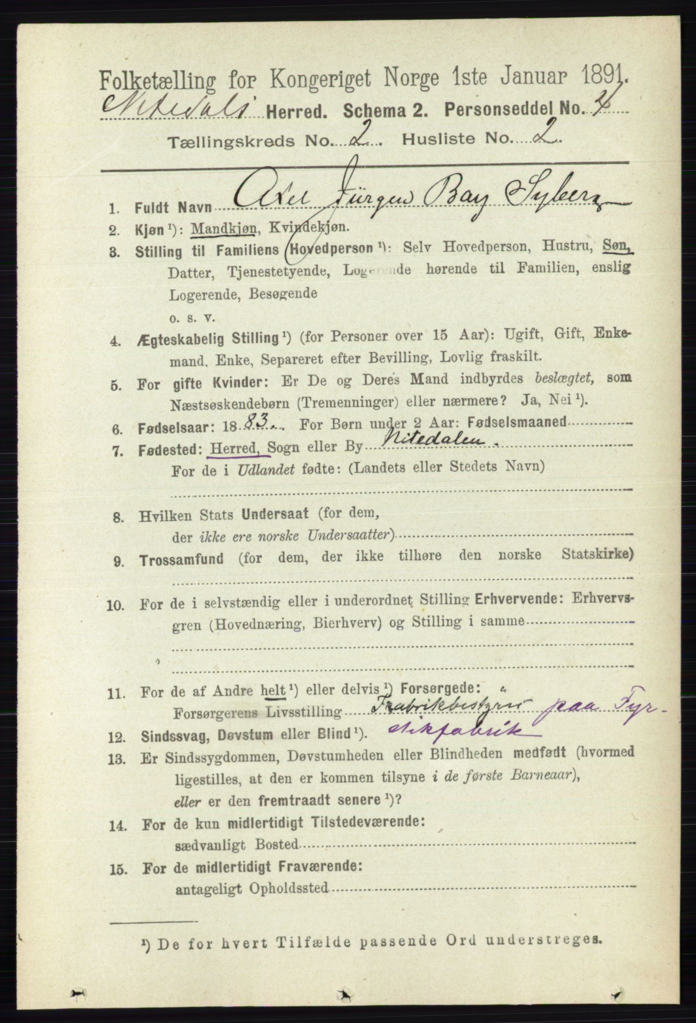 RA, 1891 census for 0233 Nittedal, 1891, p. 594