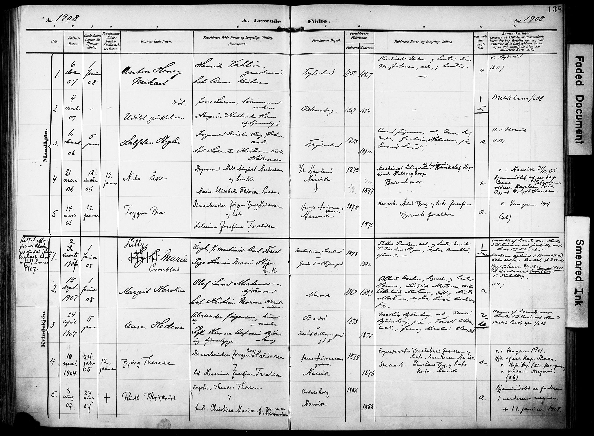 Ministerialprotokoller, klokkerbøker og fødselsregistre - Nordland, AV/SAT-A-1459/871/L0994: Parish register (official) no. 871A10, 1902-1910, p. 138