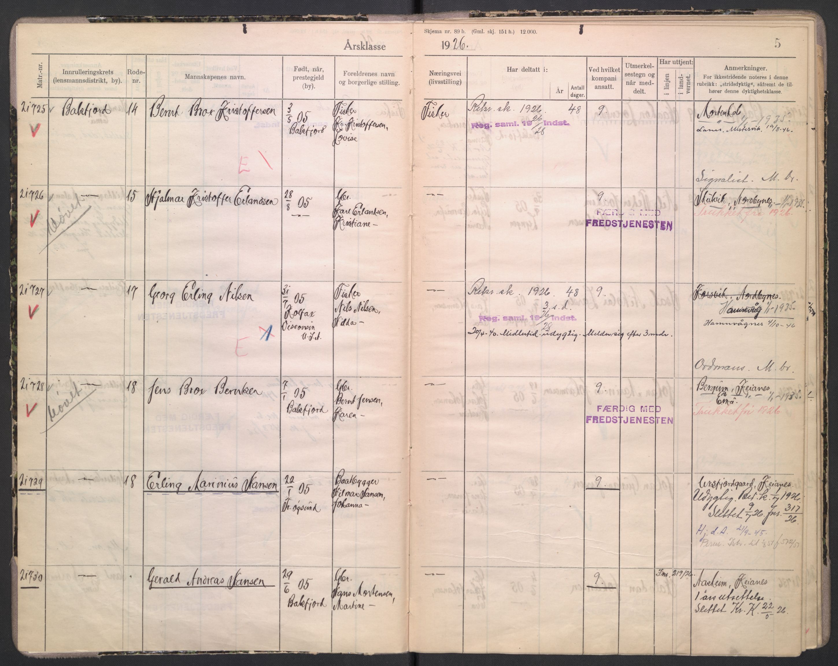 Forsvaret, Troms infanteriregiment nr. 16, AV/RA-RAFA-3146/P/Pa/L0004/0002: Ruller / Rulle for Lyngen bataljons menige mannskaper, årsklasse 1926, 1926, p. 5