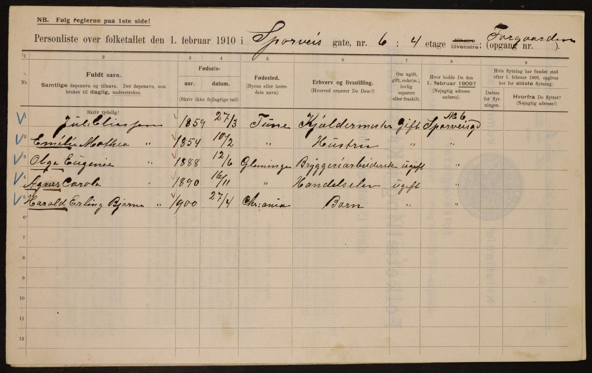 OBA, Municipal Census 1910 for Kristiania, 1910, p. 95541