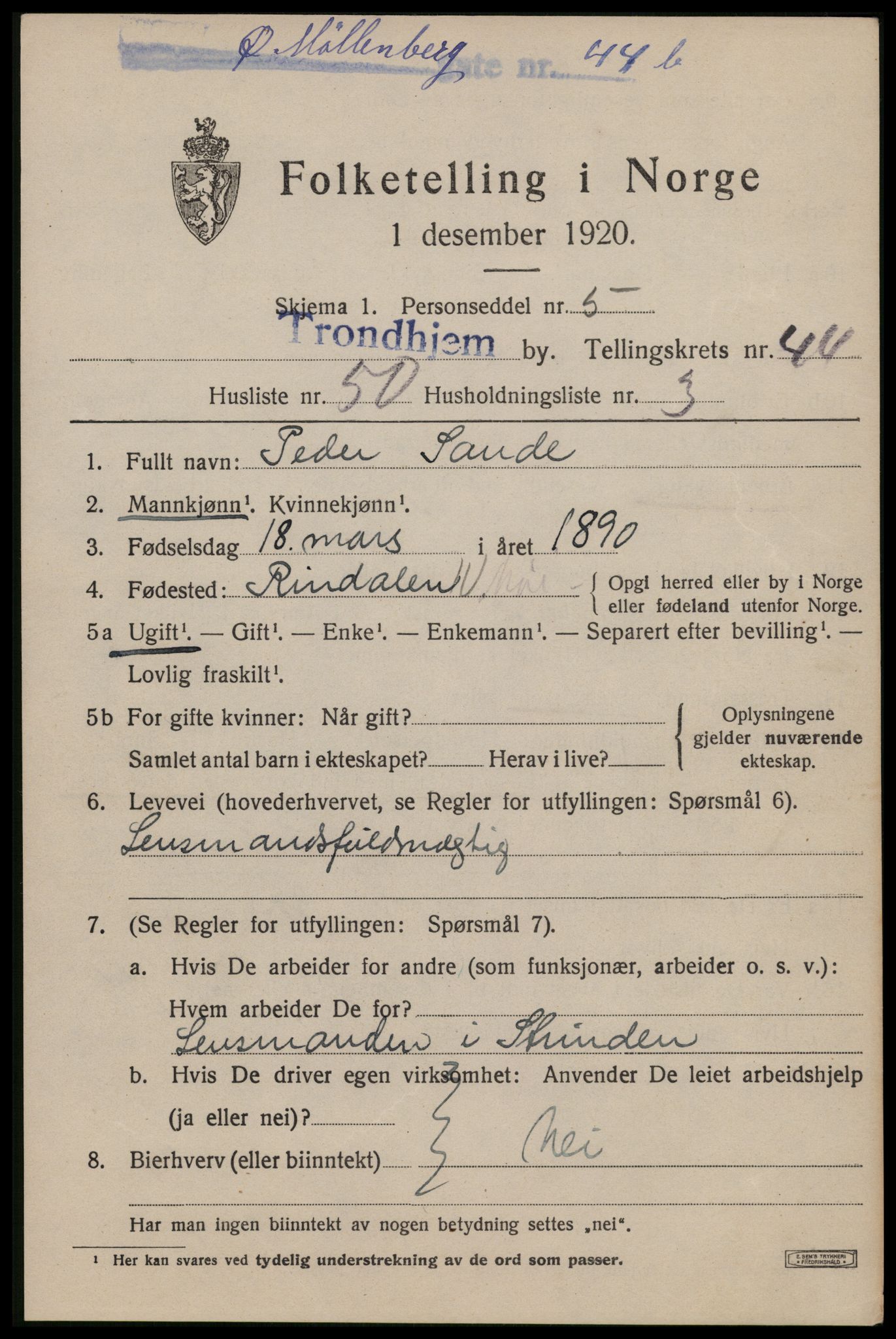 SAT, 1920 census for Trondheim, 1920, p. 96112