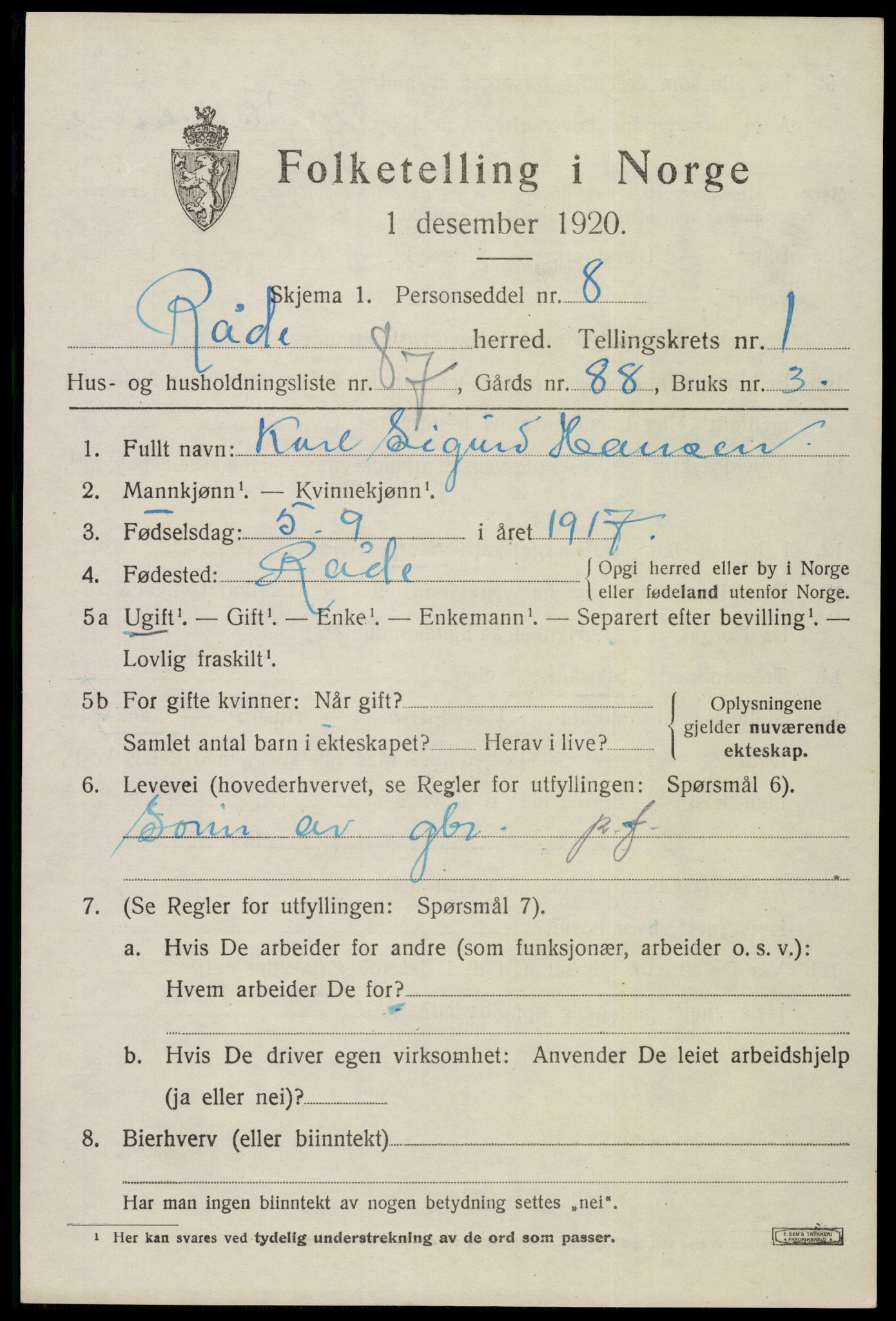 SAO, 1920 census for Råde, 1920, p. 2158