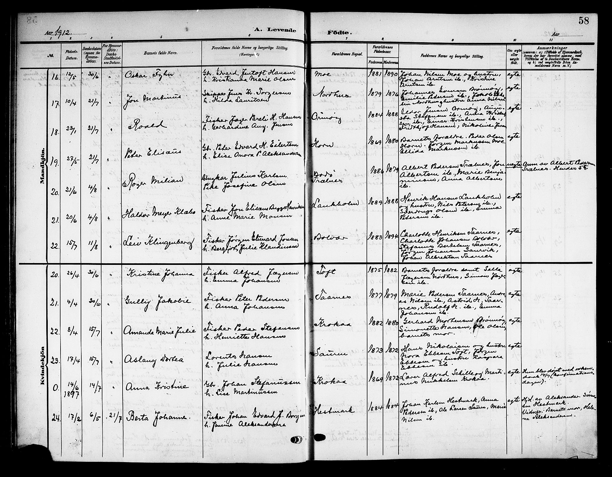 Ministerialprotokoller, klokkerbøker og fødselsregistre - Nordland, AV/SAT-A-1459/813/L0214: Parish register (copy) no. 813C06, 1904-1917, p. 58