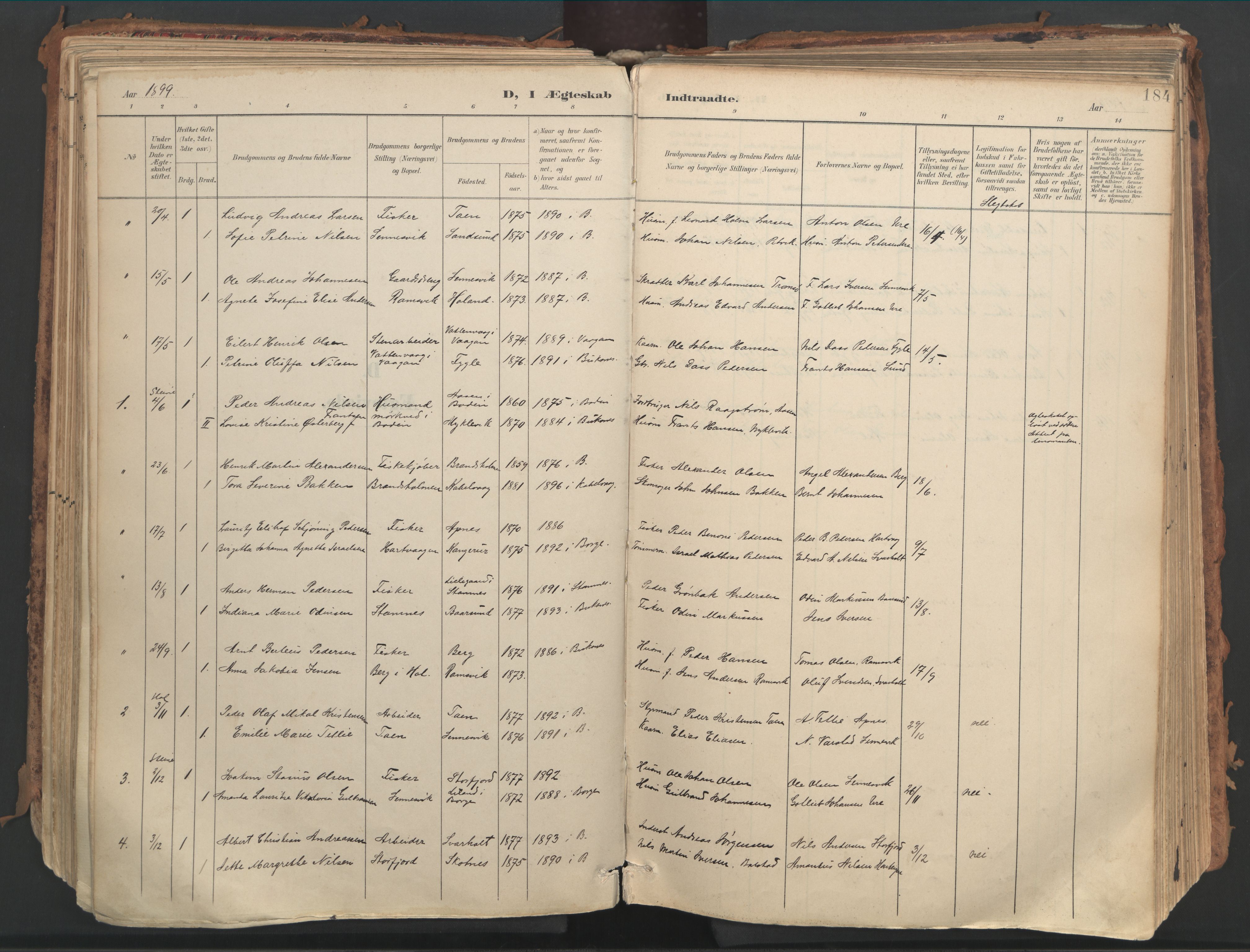 Ministerialprotokoller, klokkerbøker og fødselsregistre - Nordland, SAT/A-1459/882/L1180: Parish register (official) no. 882A02, 1897-1913, p. 184