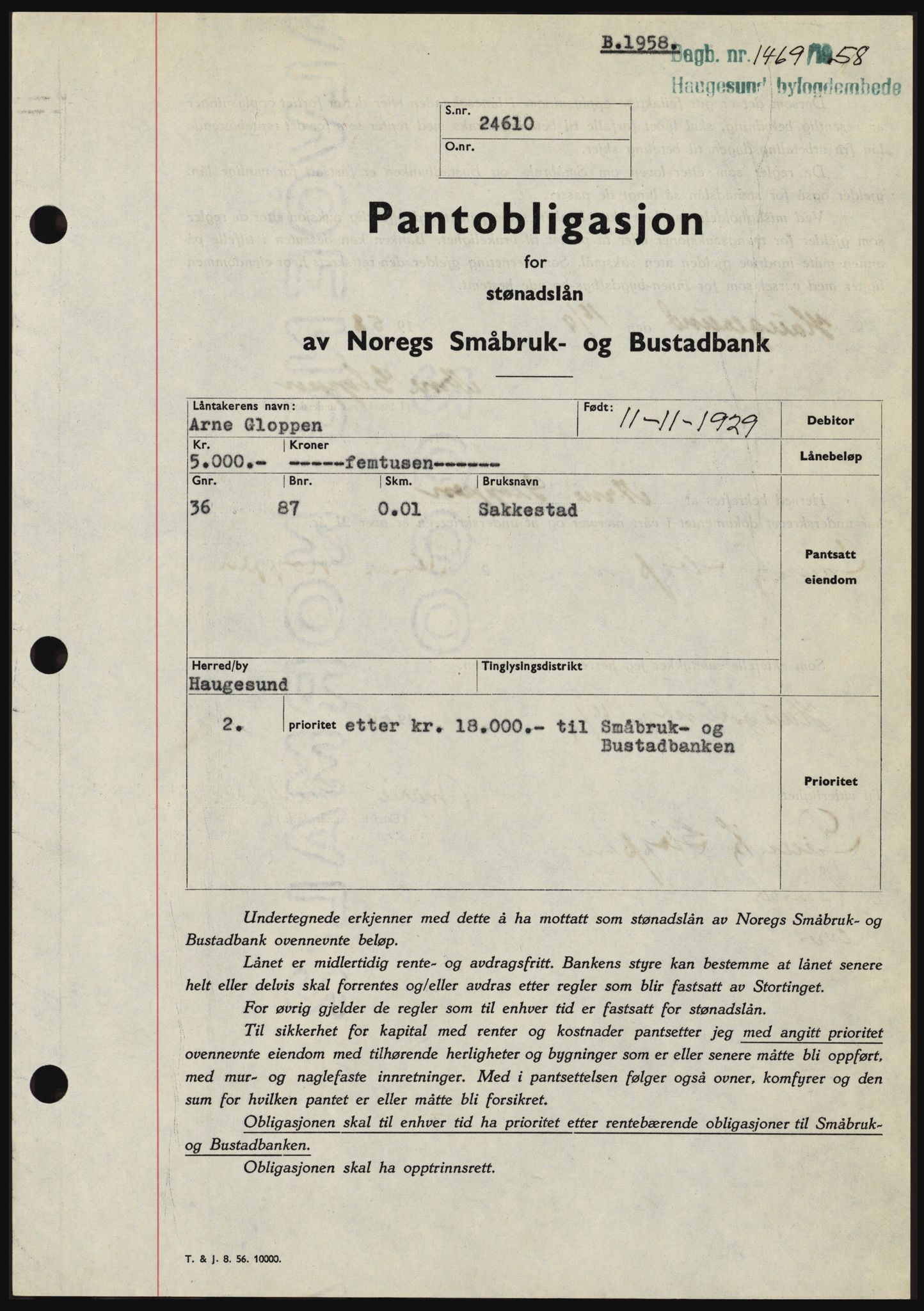 Haugesund tingrett, SAST/A-101415/01/II/IIC/L0044: Mortgage book no. B 44, 1958-1959, Diary no: : 1469/1958