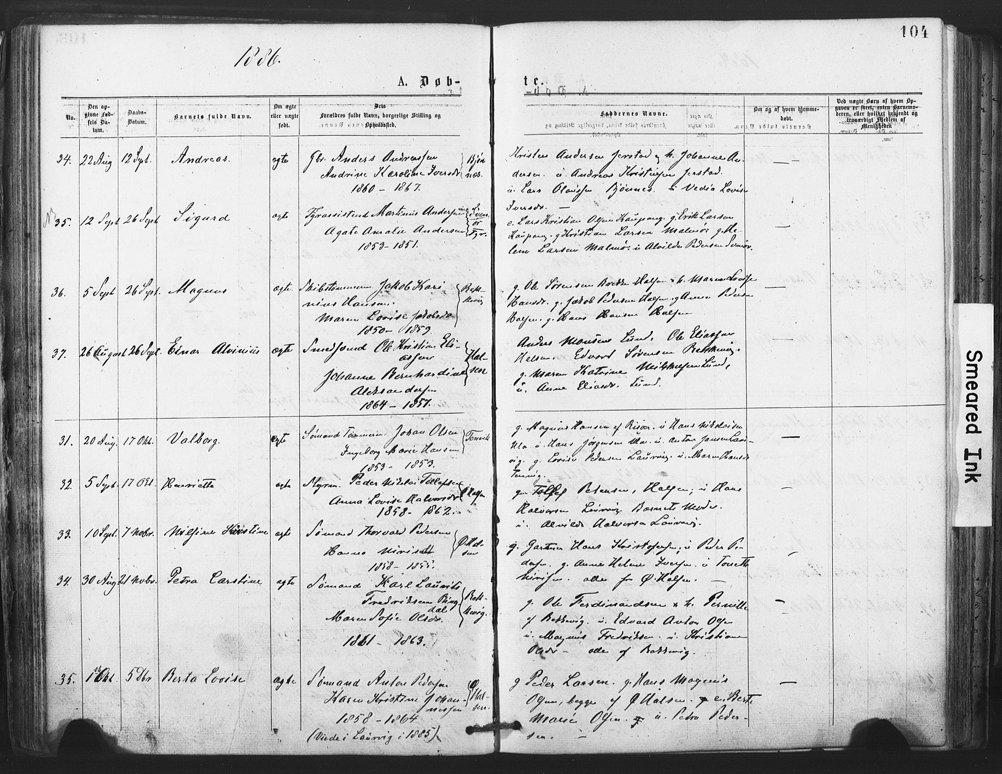 Tjølling kirkebøker, AV/SAKO-A-60/F/Fa/L0008: Parish register (official) no. 8, 1877-1886, p. 104