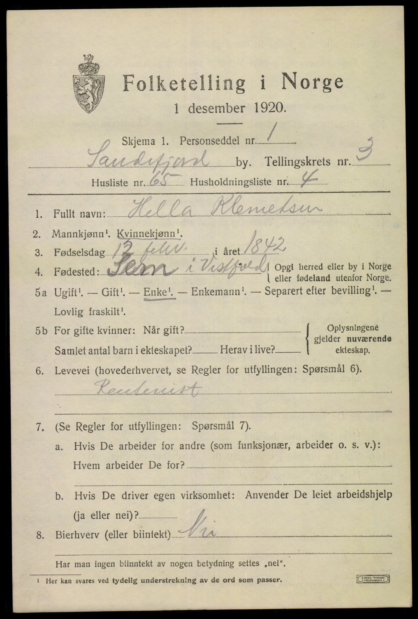 SAKO, 1920 census for Sandefjord, 1920, p. 7394