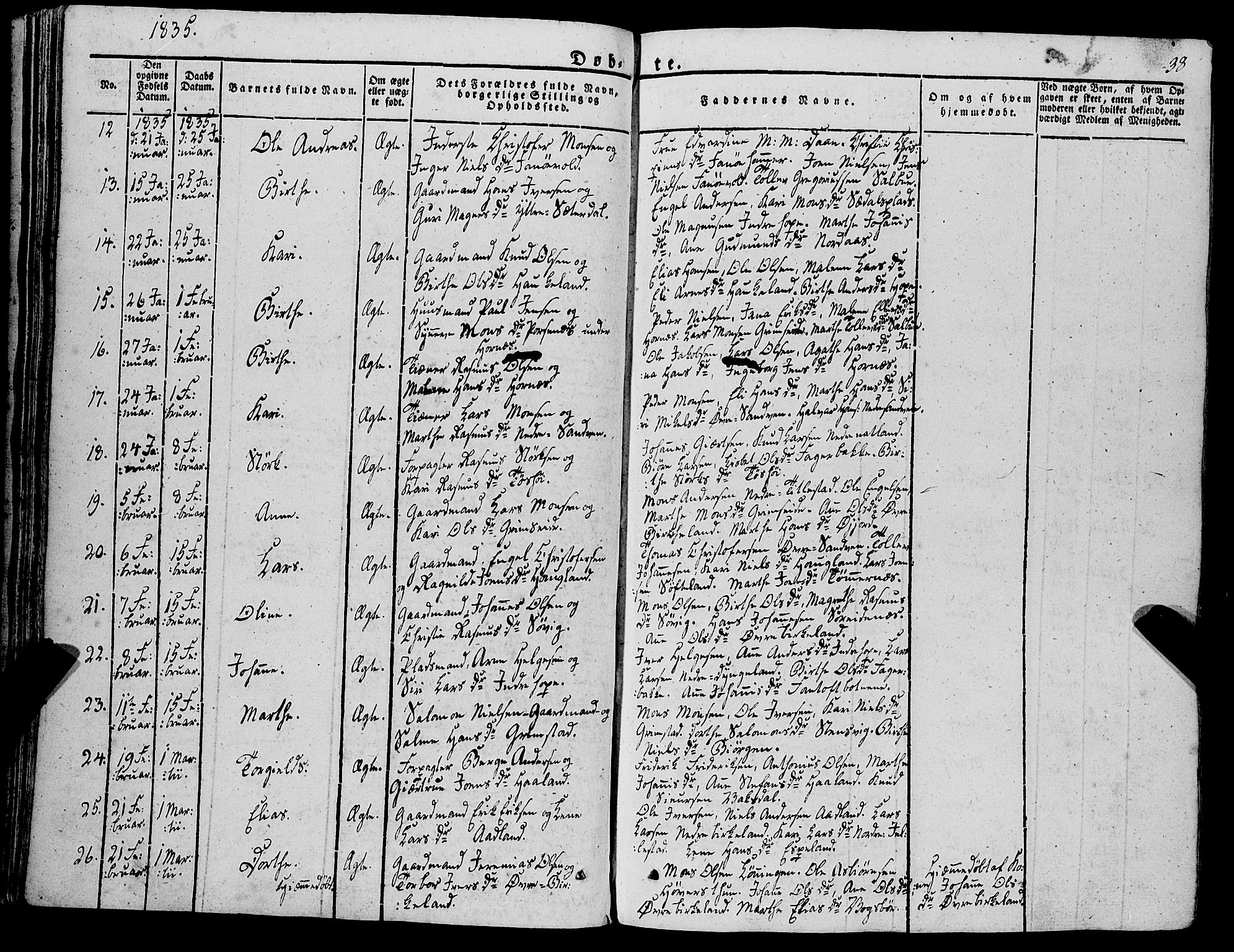 Fana Sokneprestembete, AV/SAB-A-75101/H/Haa/Haaa/L0008: Parish register (official) no. A 8, 1829-1851, p. 38