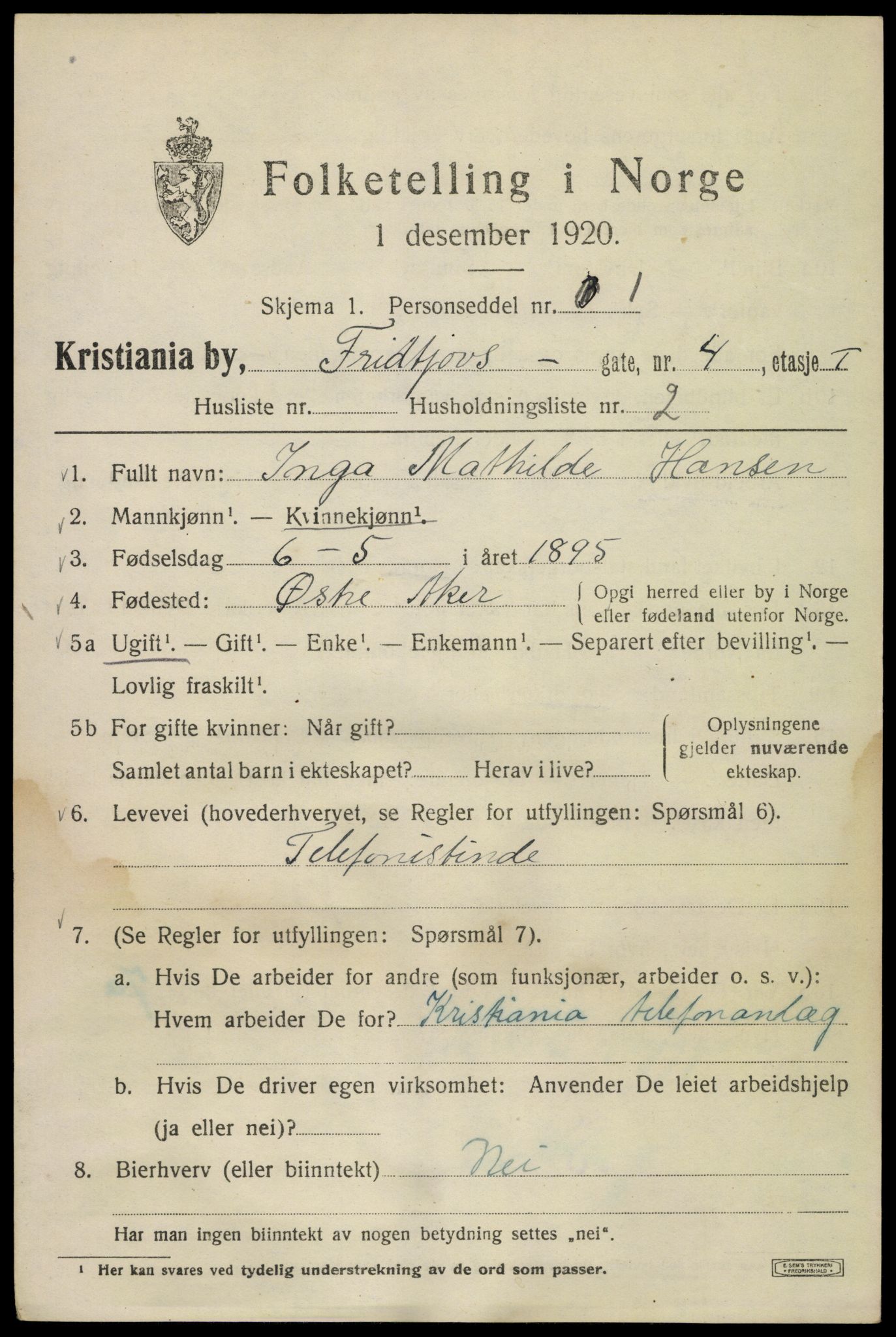 SAO, 1920 census for Kristiania, 1920, p. 238383